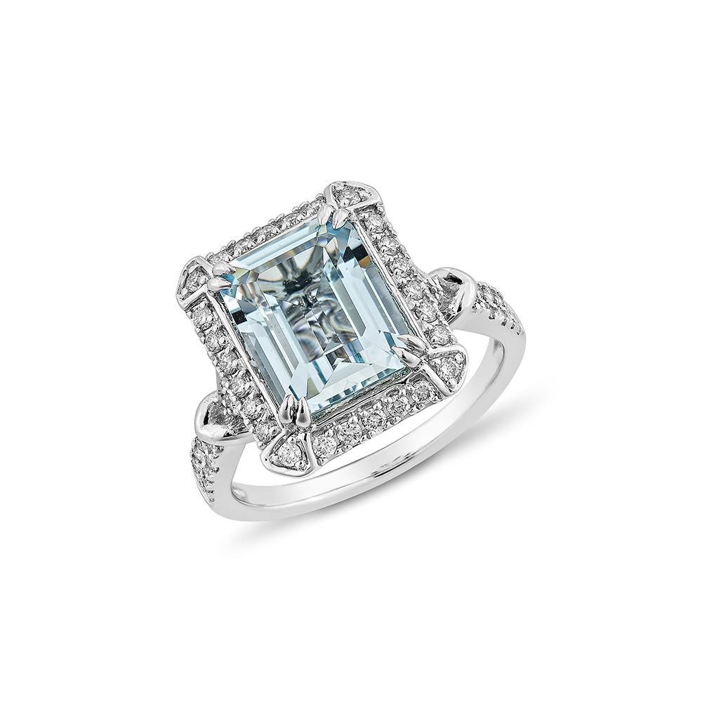 Contemporary 2.82 Carat Aquamarine Fancy Ring in 18Karat White Gold with White Diamond.   For Sale