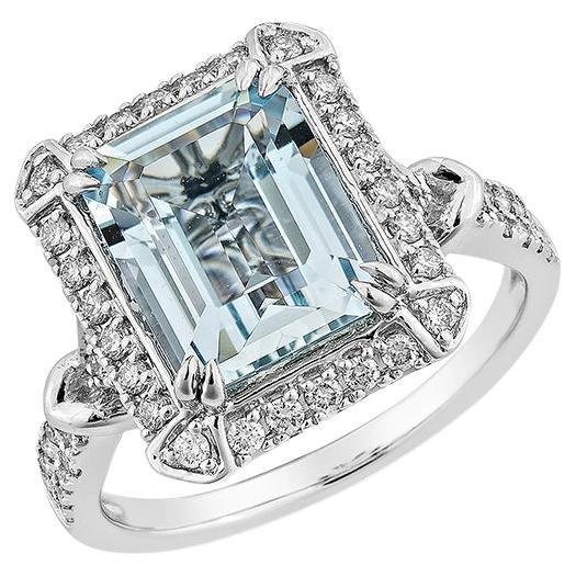 Bague fantaisie aigue-marine de 2,82 carats en or blanc 18 carats avec diamant blanc.  