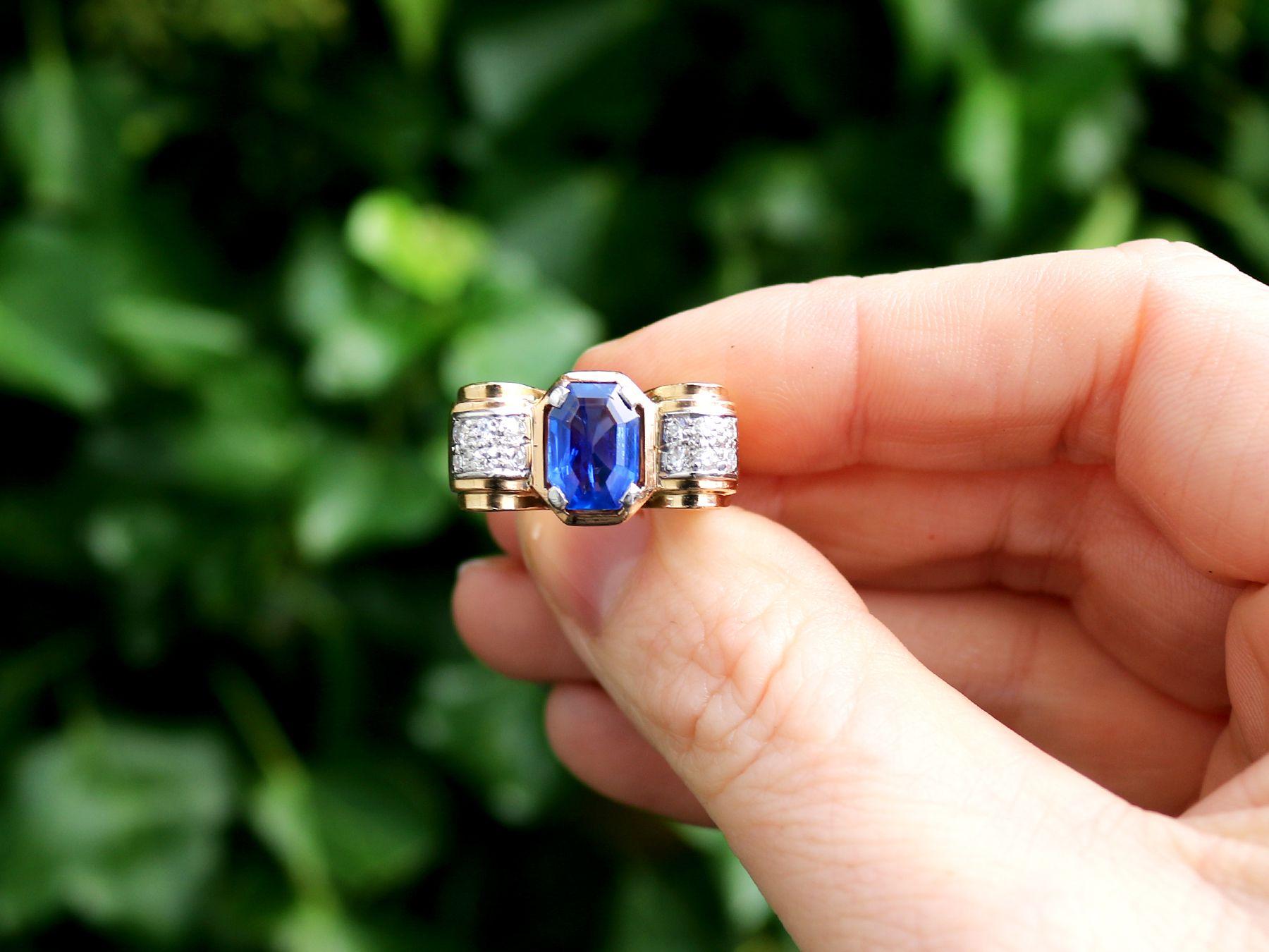 A stunning, fine and impressive antique Art Deco 2.82 carat Burmese sapphire and 0.24 carat diamond, 18 karat yellow and white gold cocktail ring; part of our diverse gemstone jewelry and estate jewelry collections

This stunning, fine and