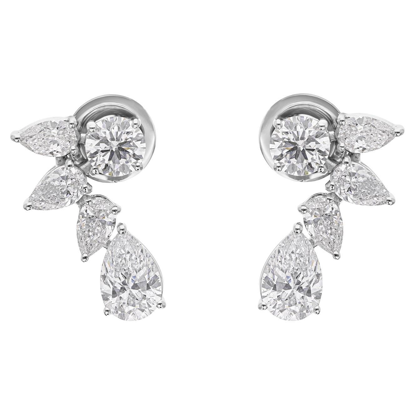 Natural Diamond Drop Earrings 2.82 Carats Pear and Round Cut 18K White Gold