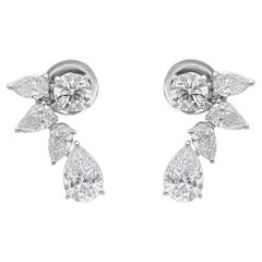 Natural Diamond Drop Earrings 2.82 Carats Pear and Round Cut 18K White Gold
