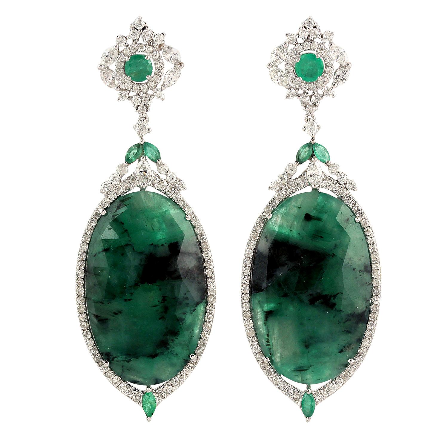 28.2 Carat Emerald Diamond 18 Karat Gold Earrings For Sale