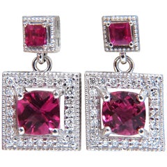 2.82 Carat Natural Tourmaline Ruby Diamond Dangle Earrings 14 Karat