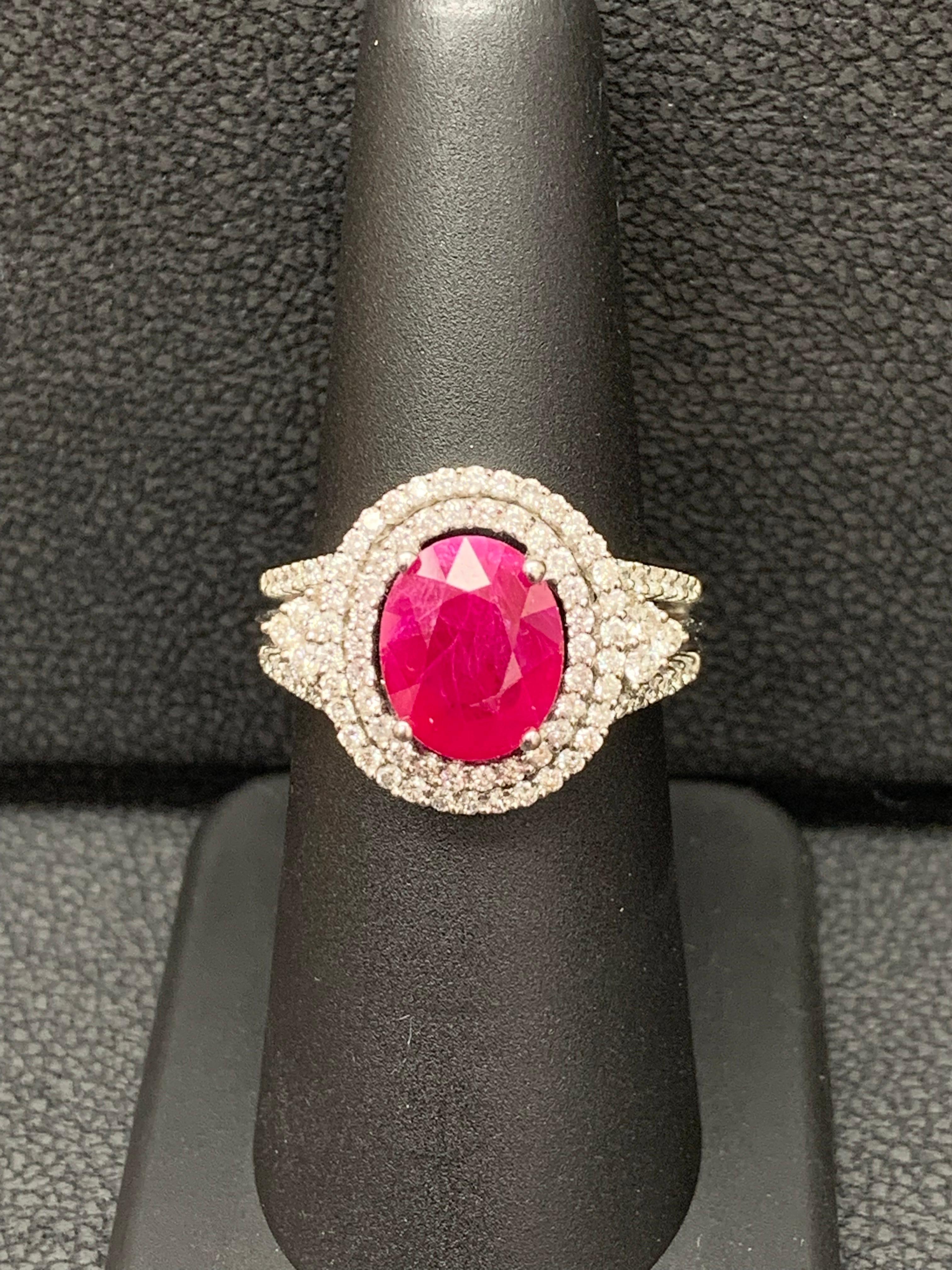 2.82 Carat Oval Cut Ruby and Diamond Engagement Ring in 18K White Gold For Sale 5