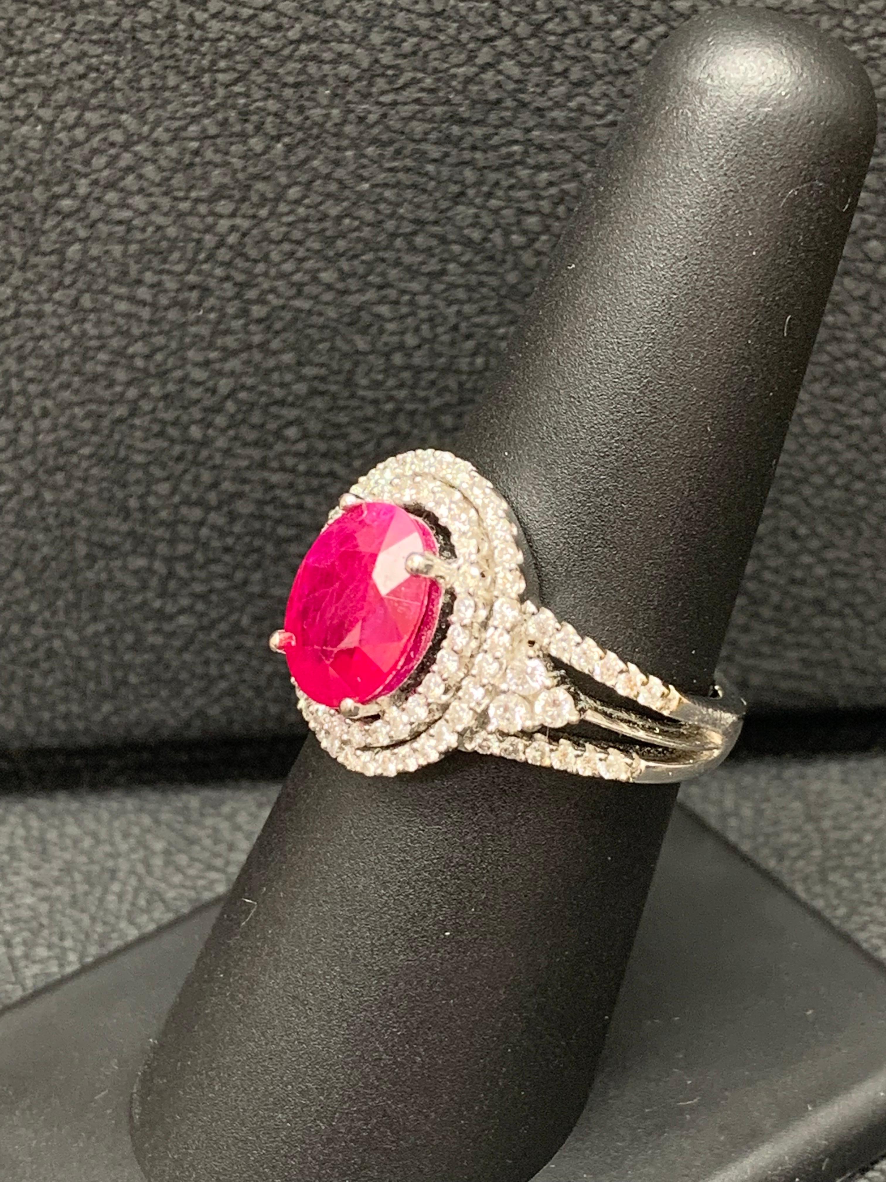 2.82 Carat Oval Cut Ruby and Diamond Engagement Ring in 18K White Gold For Sale 6
