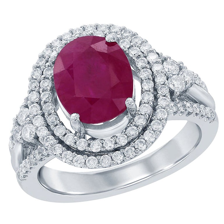 2.82 Carat Oval Cut Ruby and Diamond Engagement Ring in 18K White Gold