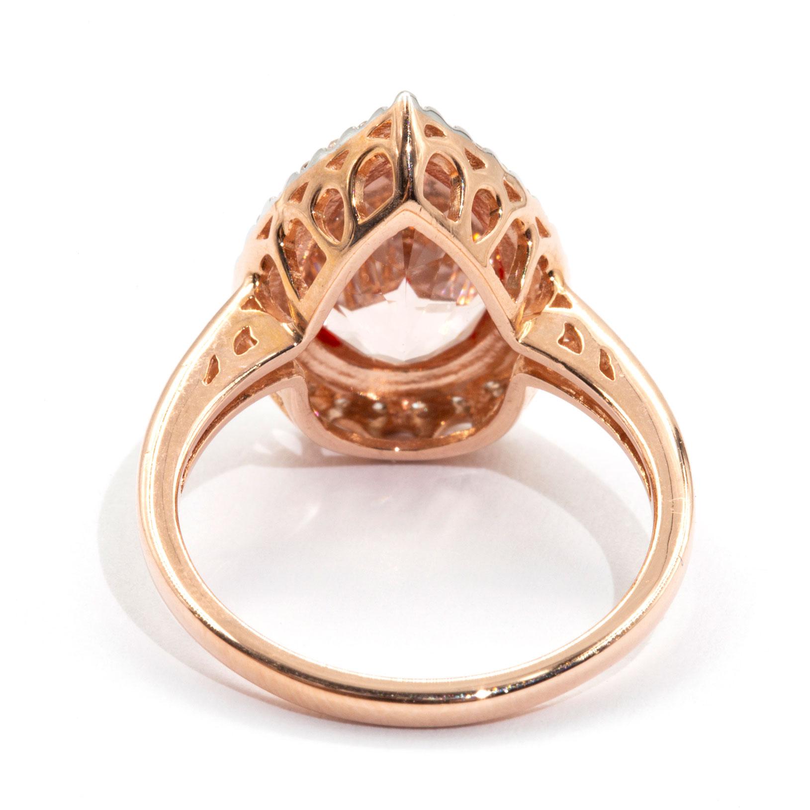 Women's 2.82 Carat Pear Cut Morganite and Diamond Halo Cluster 9 Carat Rose Gold Ring