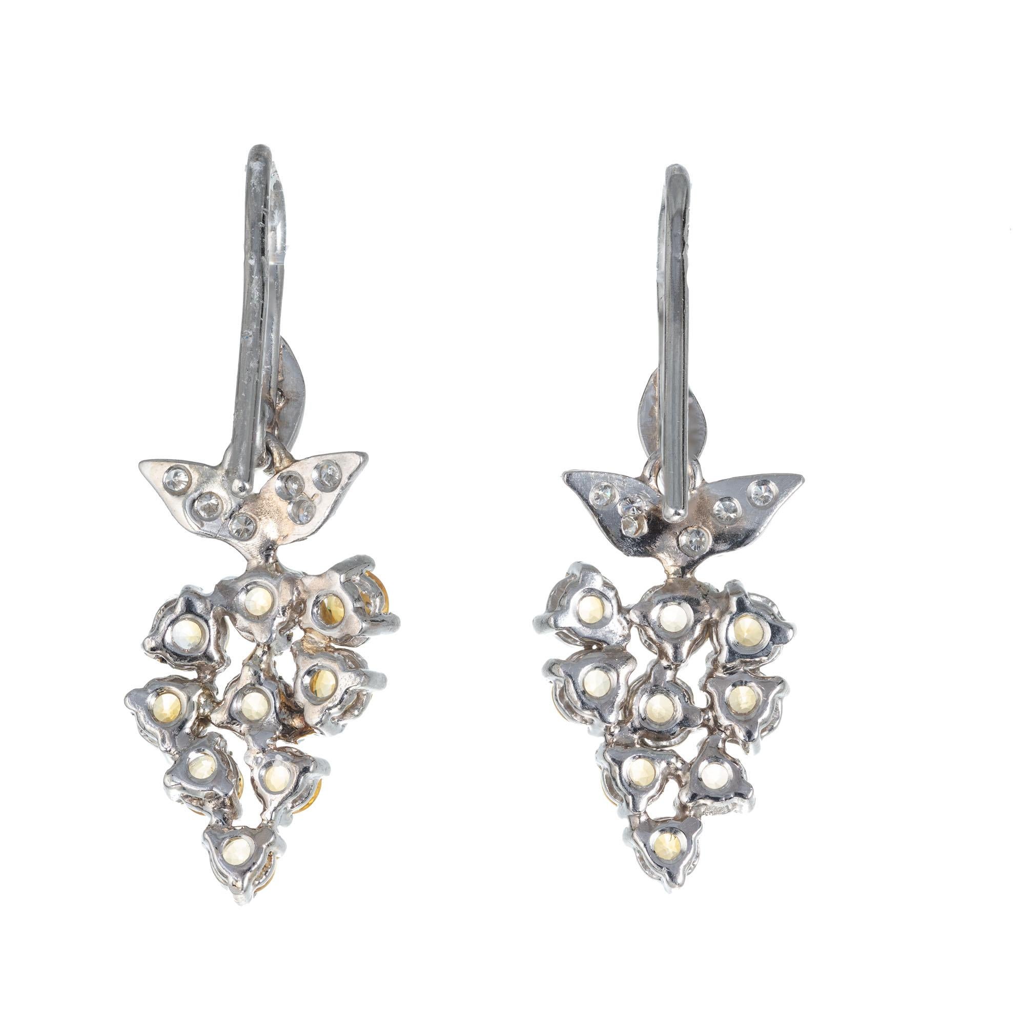 Round Cut 2.82 Carat Yellow Sapphire Pave Diamond Platinum Dangle Earrings For Sale
