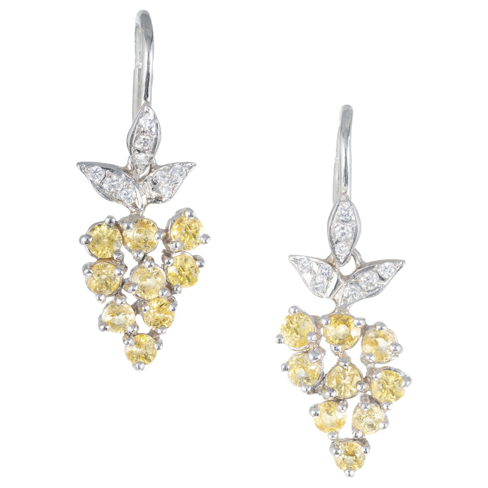 2.82 Carat Yellow Sapphire Pave Diamond Platinum Dangle Earrings For Sale