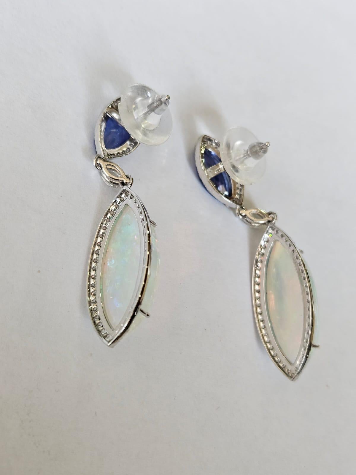 Modern 2.82 carats Tanzanite, 13.93 carats Ethiopian Opal & Diamond Chandelier Earrings For Sale