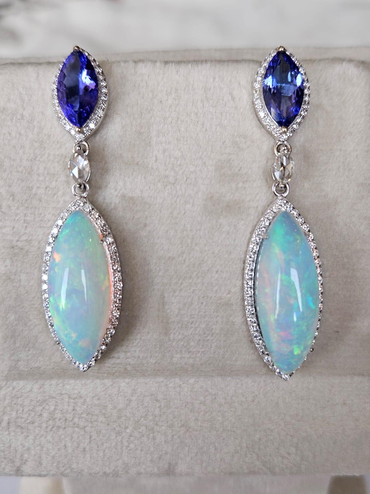 2.82 carats Tanzanite, 13.93 carats Ethiopian Opal & Diamond Chandelier Earrings In New Condition For Sale In Hong Kong, HK