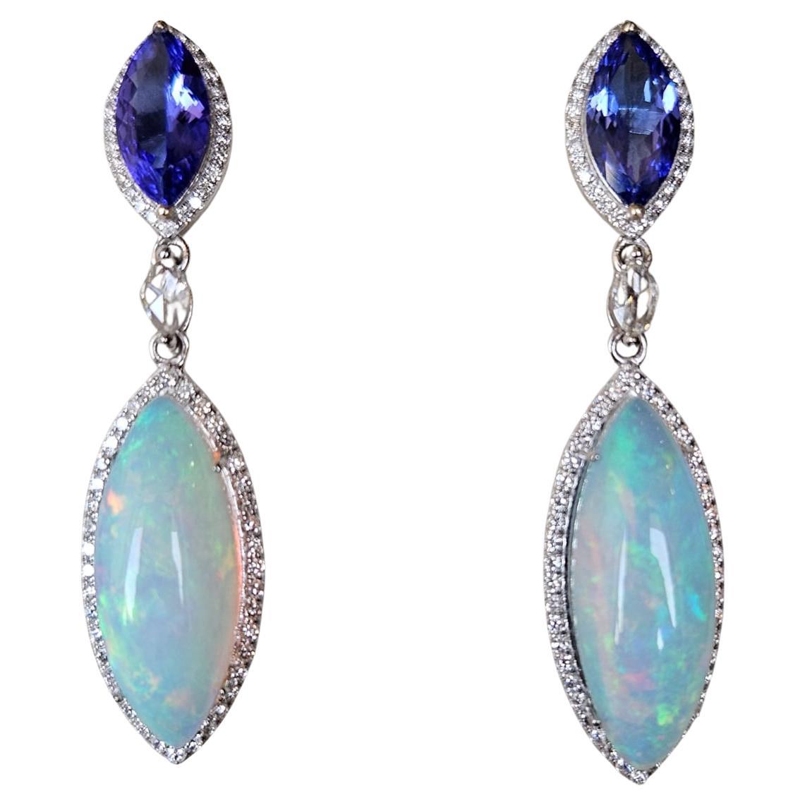 2.82 carats Tanzanite, 13.93 carats Ethiopian Opal & Diamond Chandelier Earrings For Sale