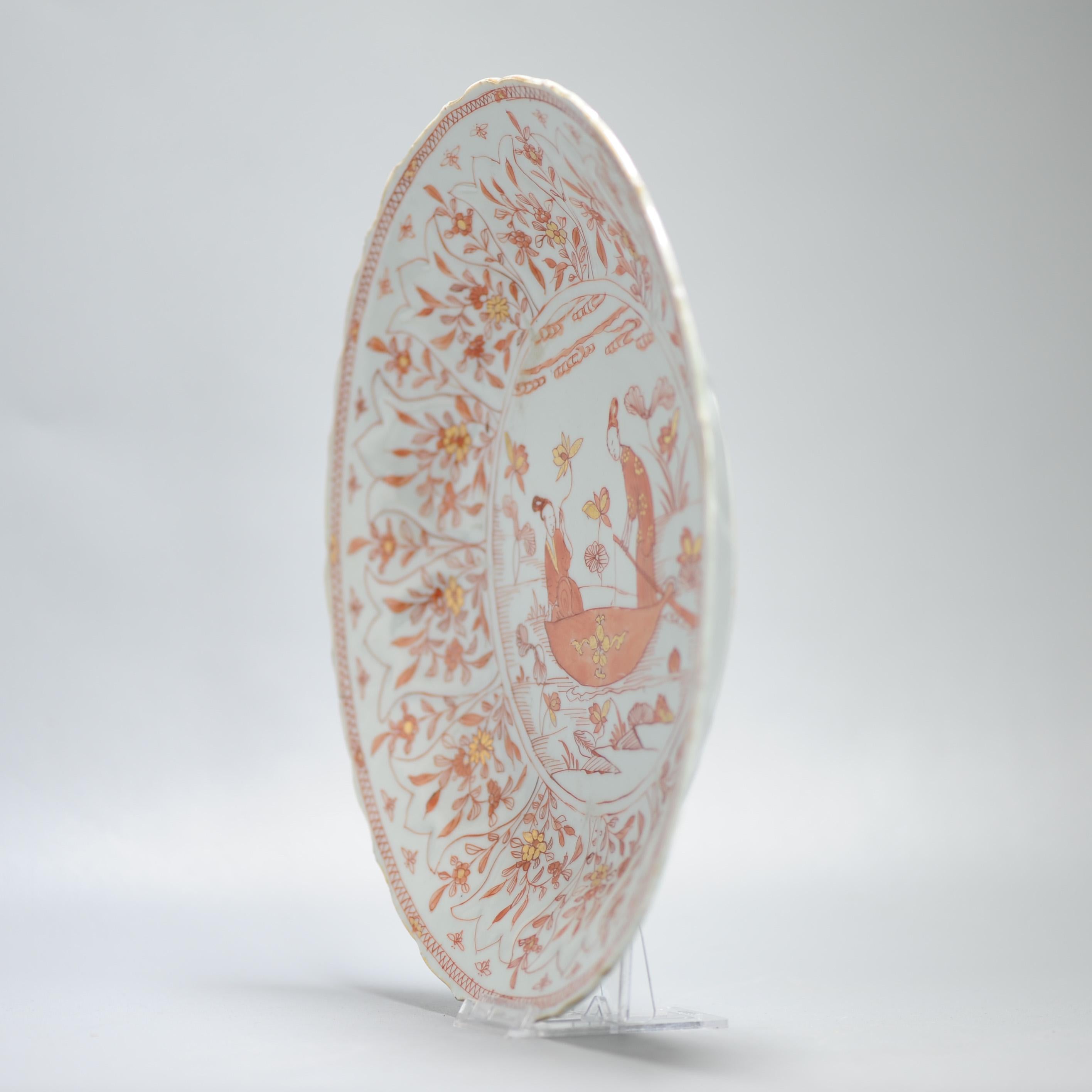 Qing 28.2 CM Kangxi Blood and Milk Antique Chinese Porcelain Plate Lizas on Boat For Sale