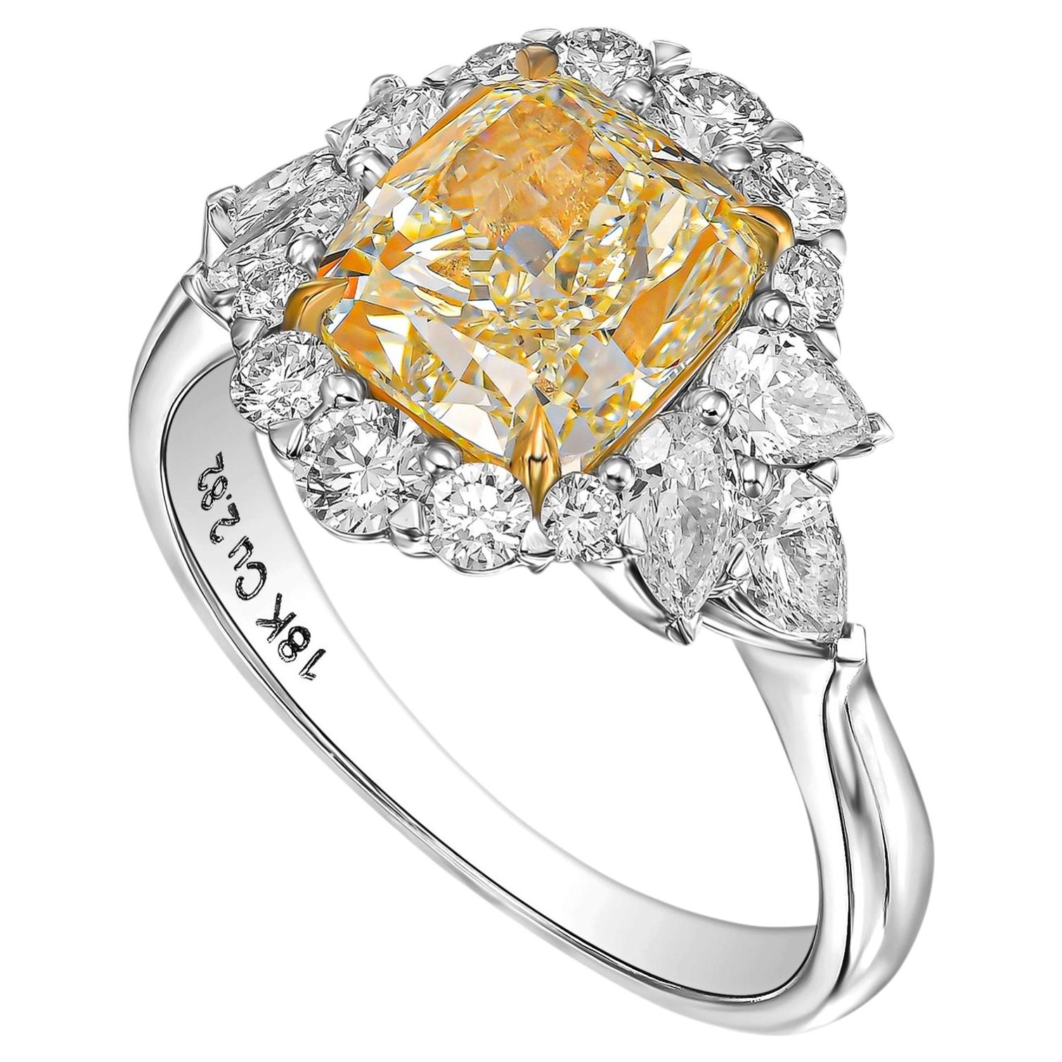 2.82 ct Cushion Fancy Yellow Natural Diamond in 18k White Gold Statement Ring