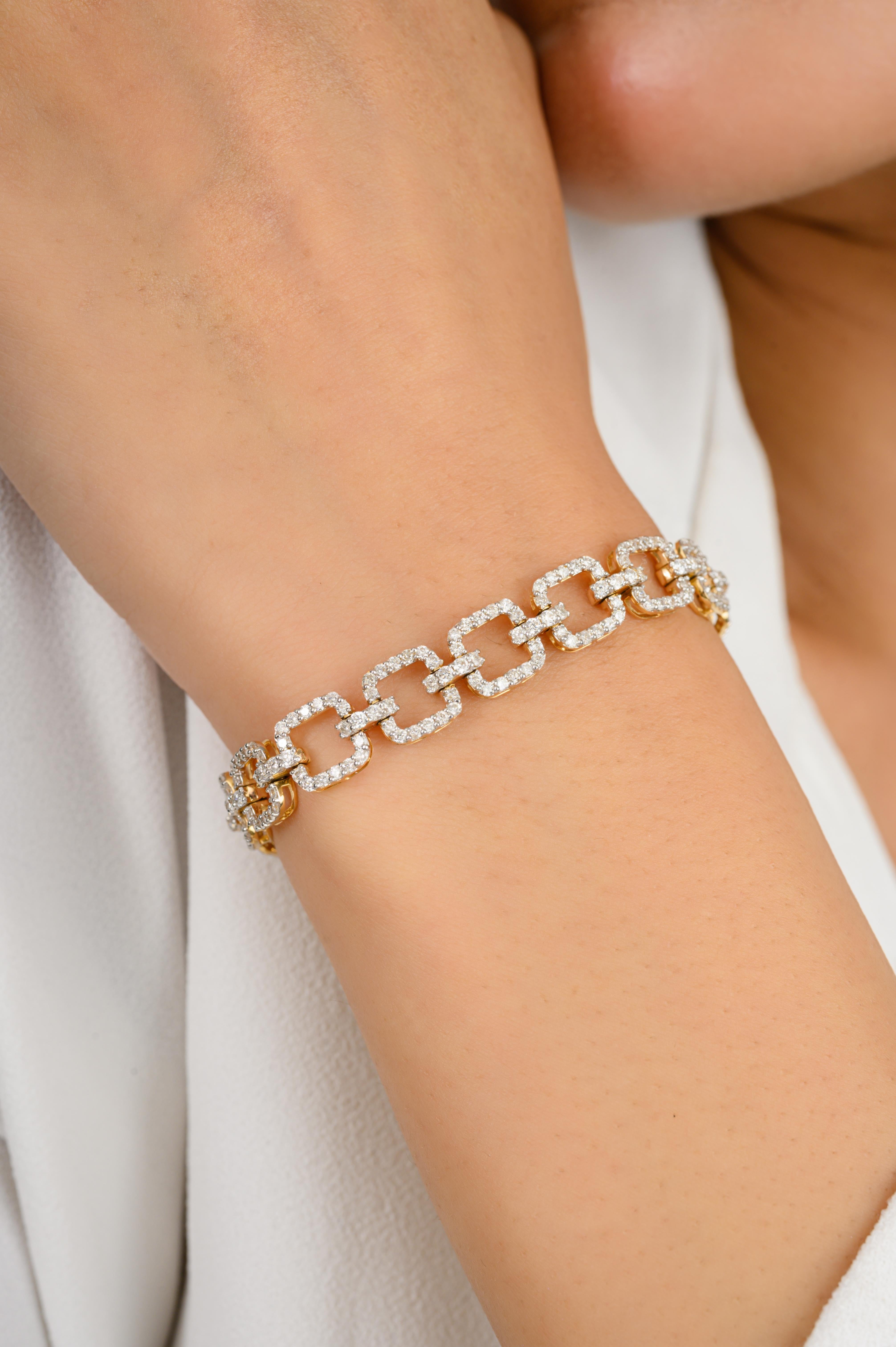 Ce bracelet à maillons en diamant pavé pour fiançailles de 2,82 CTW en or 18 carats met en valeur des diamants naturels étincelants, d'un poids de 2,82 carats. 
Le diamant, pierre de naissance du mois d'avril, apporte l'amour, la gloire, le succès