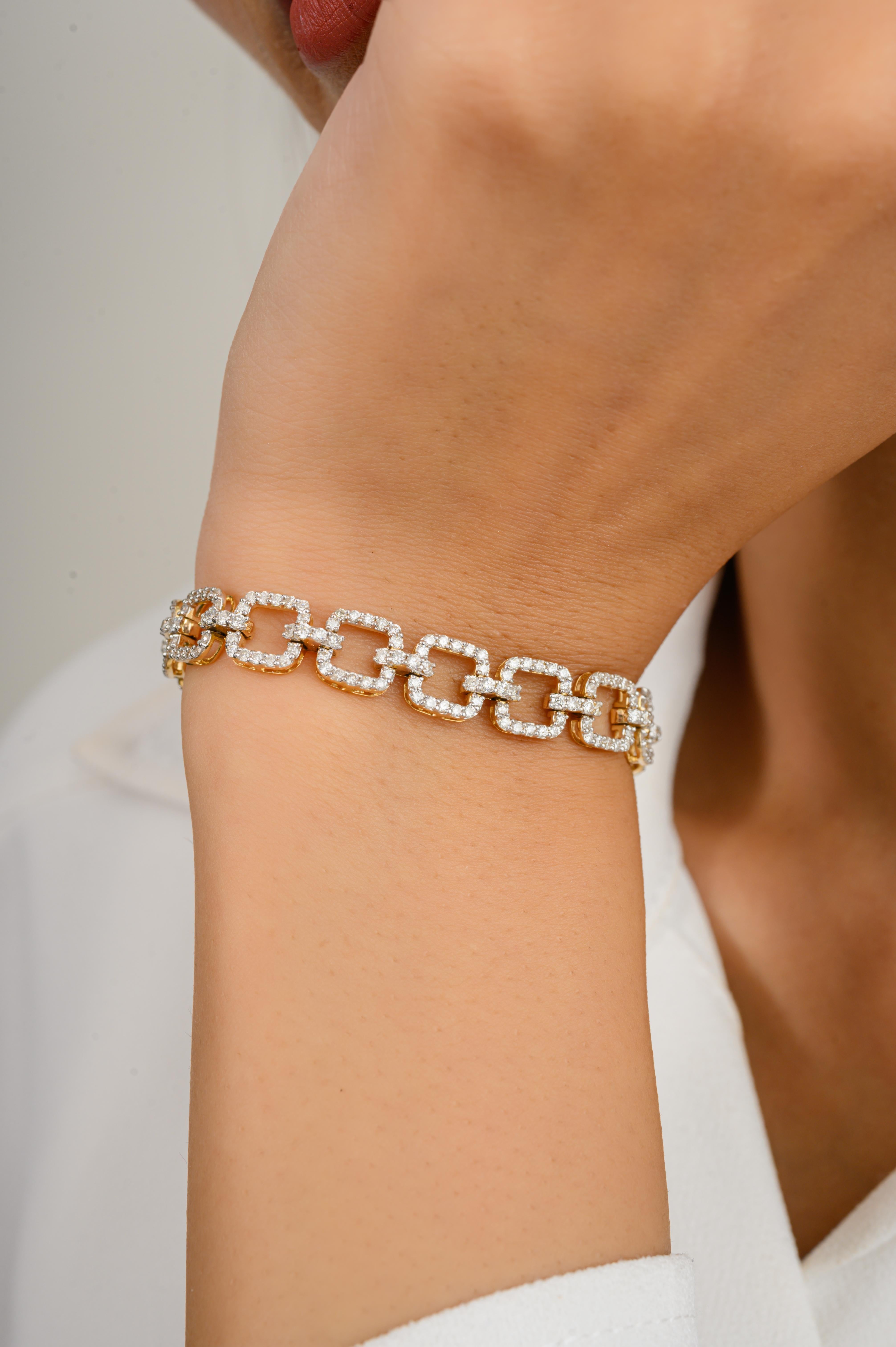 Taille ronde Bracelet de fiançailles à maillons en or jaune massif 18 carats avec diamants pavés de 2,82 carats en vente