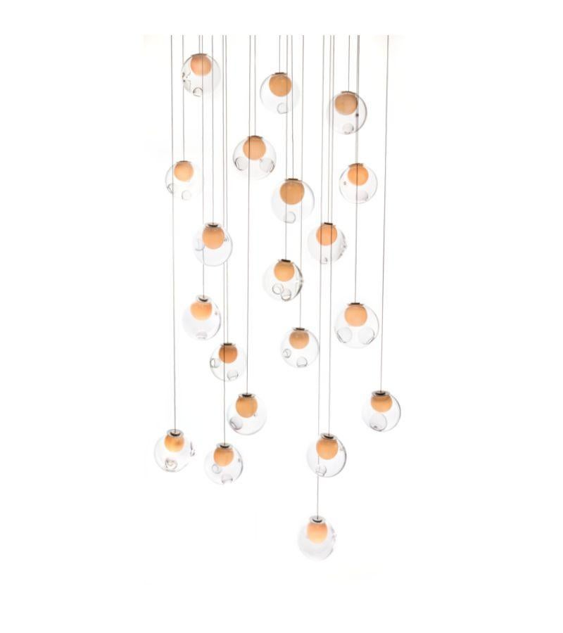 28.20 chandelier lamp by Bocci
Dimensions: D 60 x W 132 x H 300 cm 
Materials: blown glass, braided metal coaxial cable, electrical components, white powder coated canopy. 
Lamping: :1.5w LED or 20w xenon. Non-dimmable. 
Cable Lenght: fixed