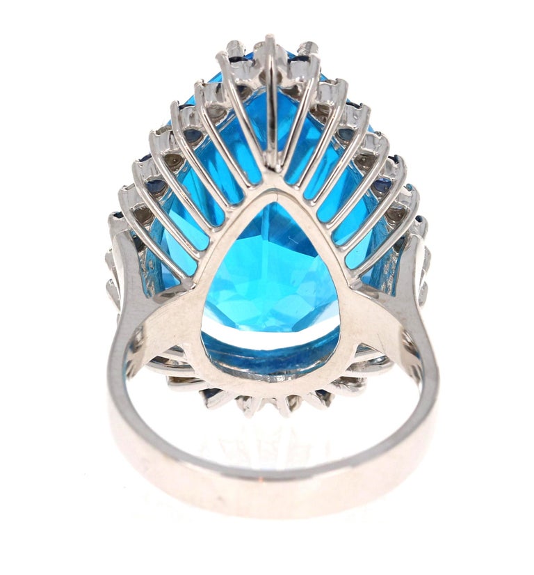 28.22 Carat Pear Cut Blue Topaz Diamond 14 Karat White Gold Cocktail Ring In New Condition For Sale In San Dimas, CA