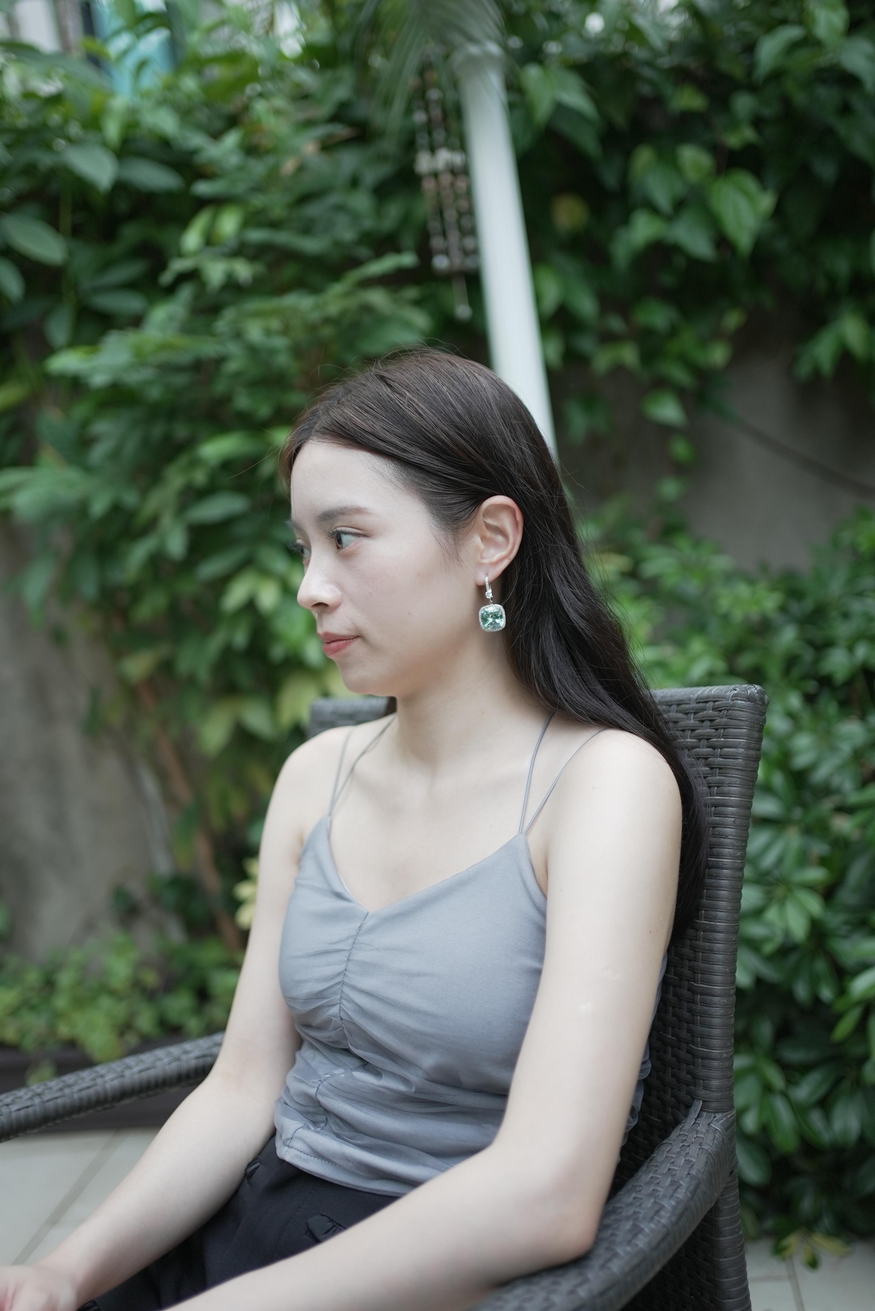 28.23 Carat Natural Cushion-Cut Aquamarine and White Diamond Gold Earrings For Sale 2