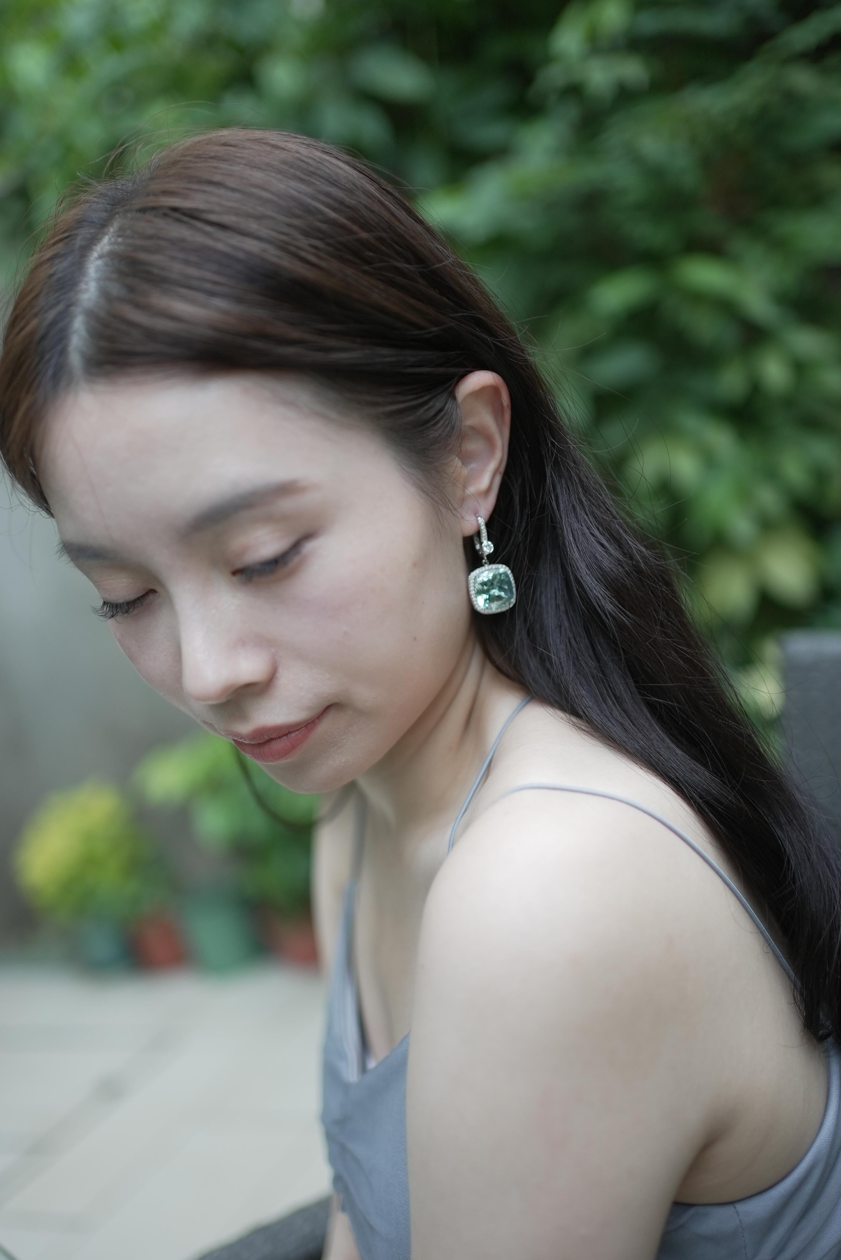 28.23 Carat Natural Cushion-Cut Aquamarine and White Diamond Gold Earrings For Sale 3