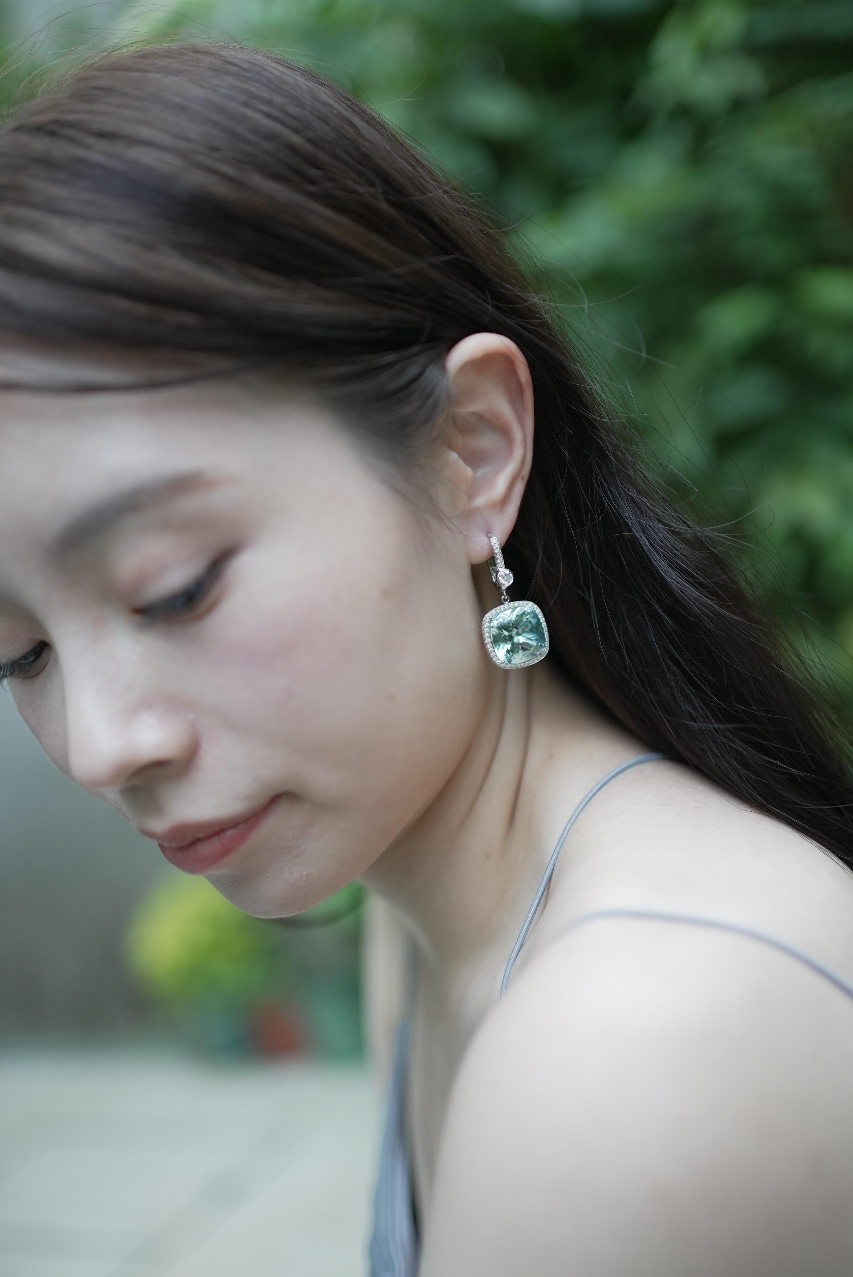 28.23 Carat Natural Cushion-Cut Aquamarine and White Diamond Gold Earrings For Sale 4