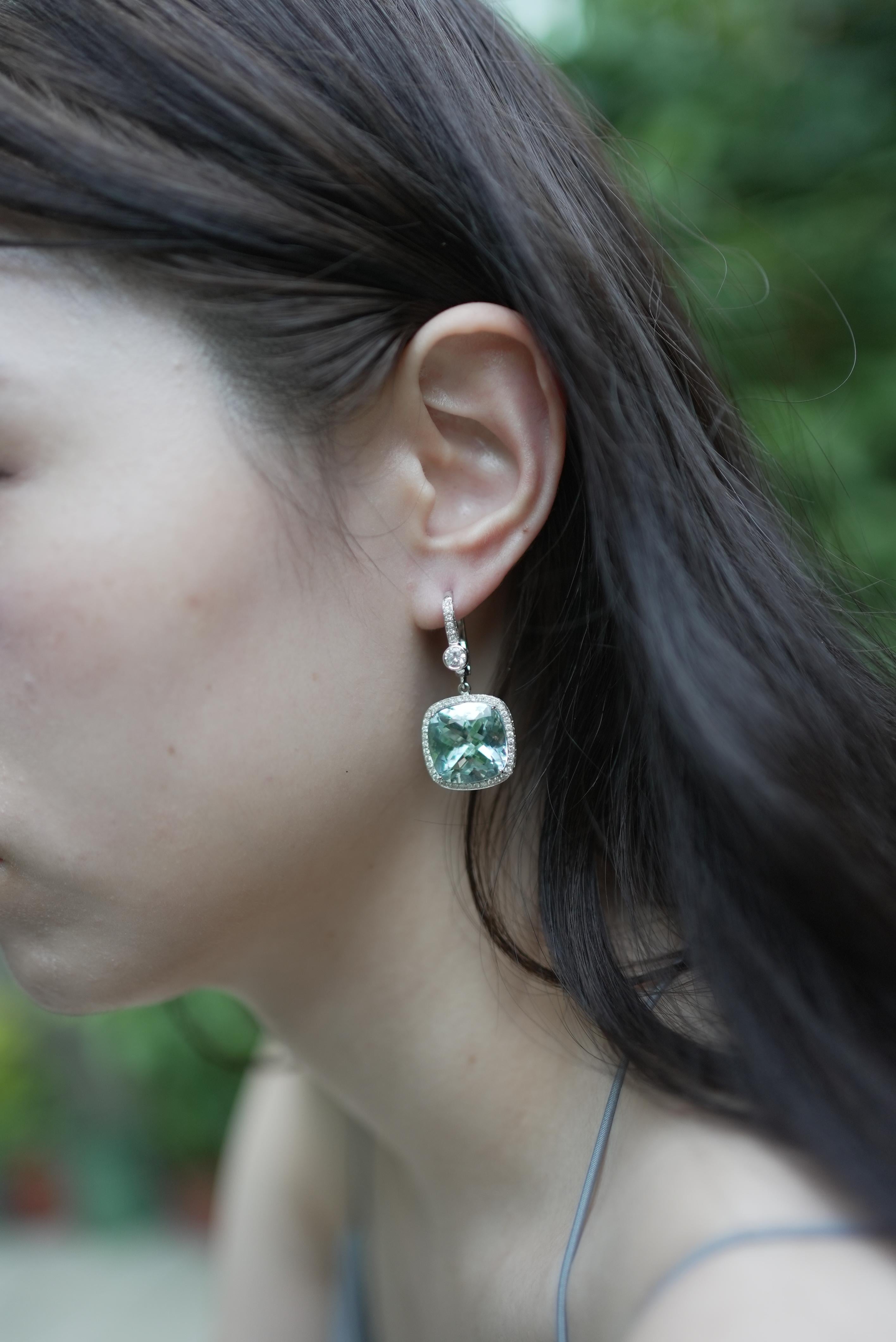 28.23 Carat Natural Cushion-Cut Aquamarine and White Diamond Gold Earrings For Sale 5