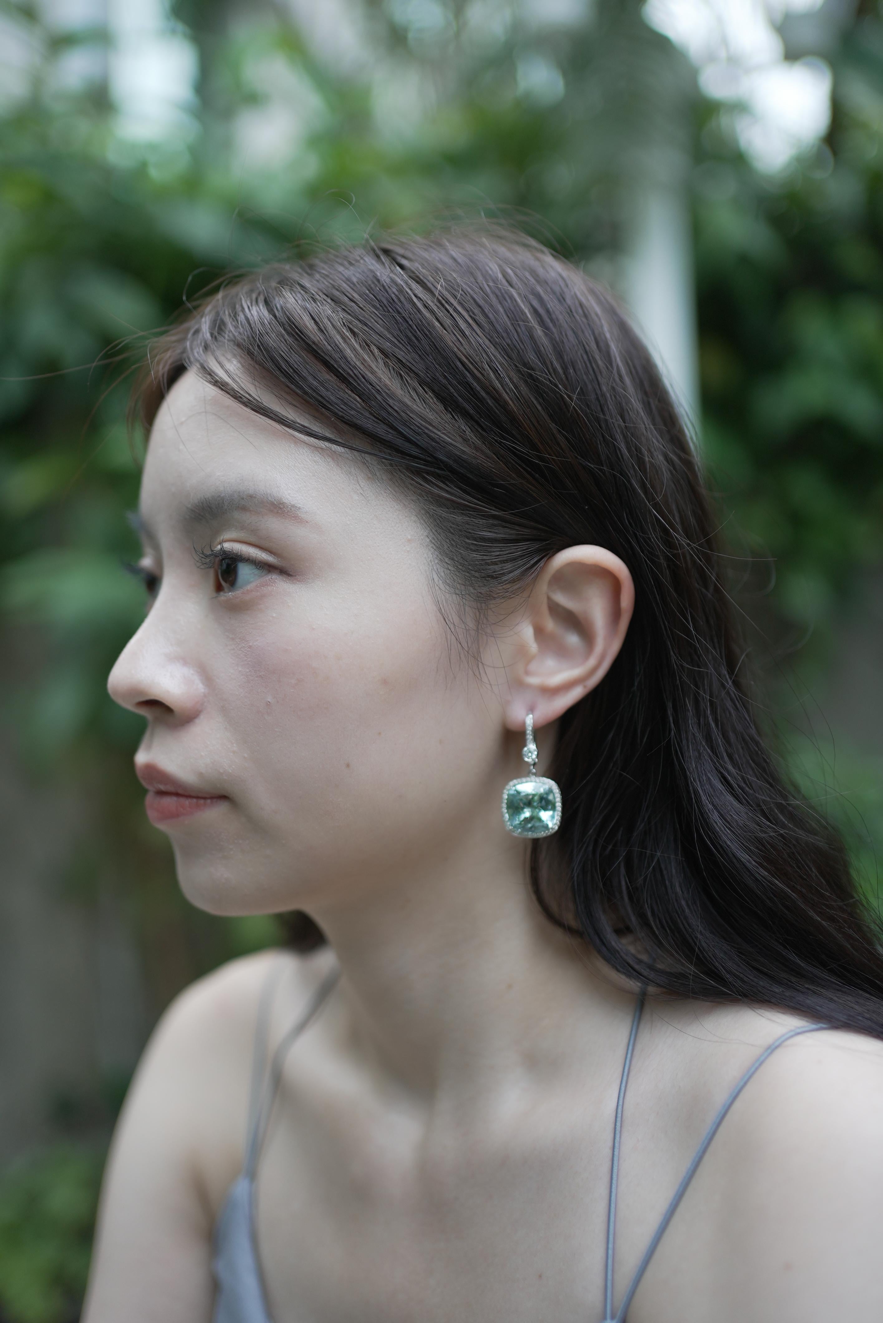 28.23 Carat Natural Cushion-Cut Aquamarine and White Diamond Gold Earrings For Sale 7