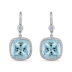 Pendientes de oro con aguamarina natural talla cojín y diamante blanco de 28,23 quilates