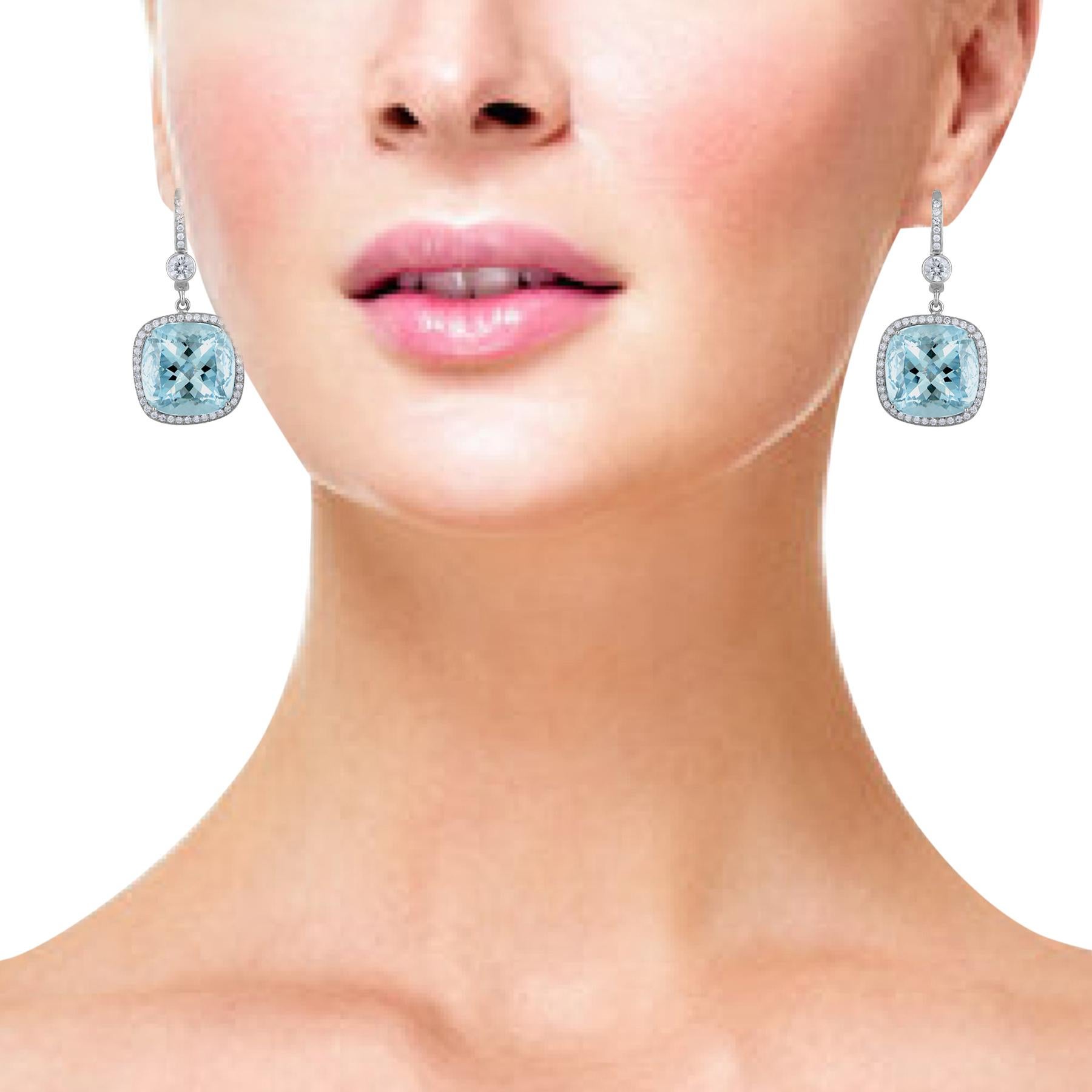 Contemporary 28.23 Carat Natural Cushion-Cut Aquamarine and White Diamond Gold Earrings For Sale