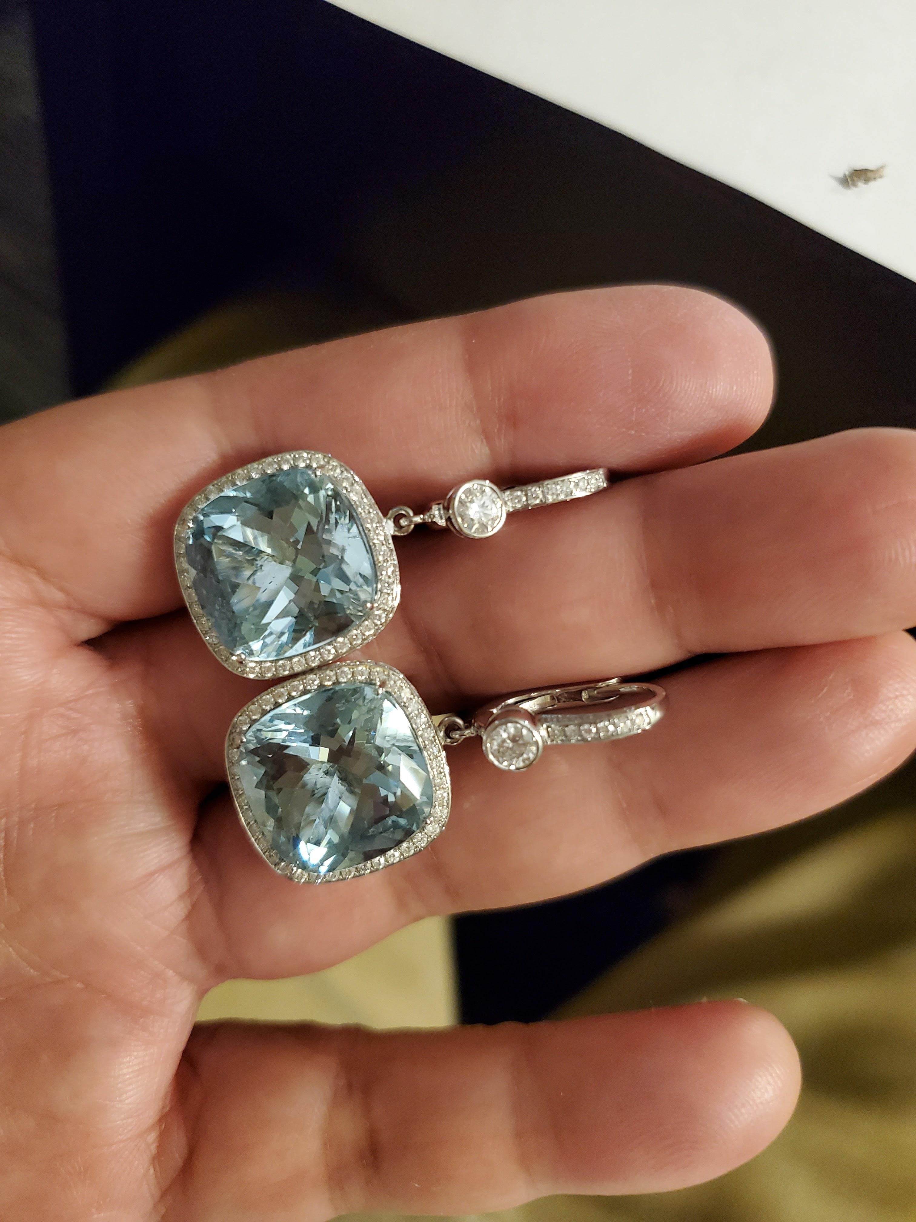 Cushion Cut 28.23 Carat Natural Cushion-Cut Aquamarine and White Diamond Gold Earrings For Sale