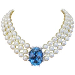 28.28 Carat Oval Aquamarine Necklace with 123 Cultured Pearls