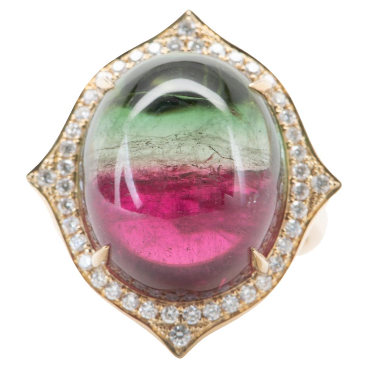 28.29ct Bi-Color Watermelon Tourmaline Cocktail Ring 14K Gold Heavy 14 grams