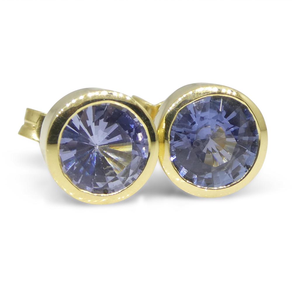 Contemporary 2.82ct Round Blue Sapphire Stud Earrings Set in 18k Yellow Gold