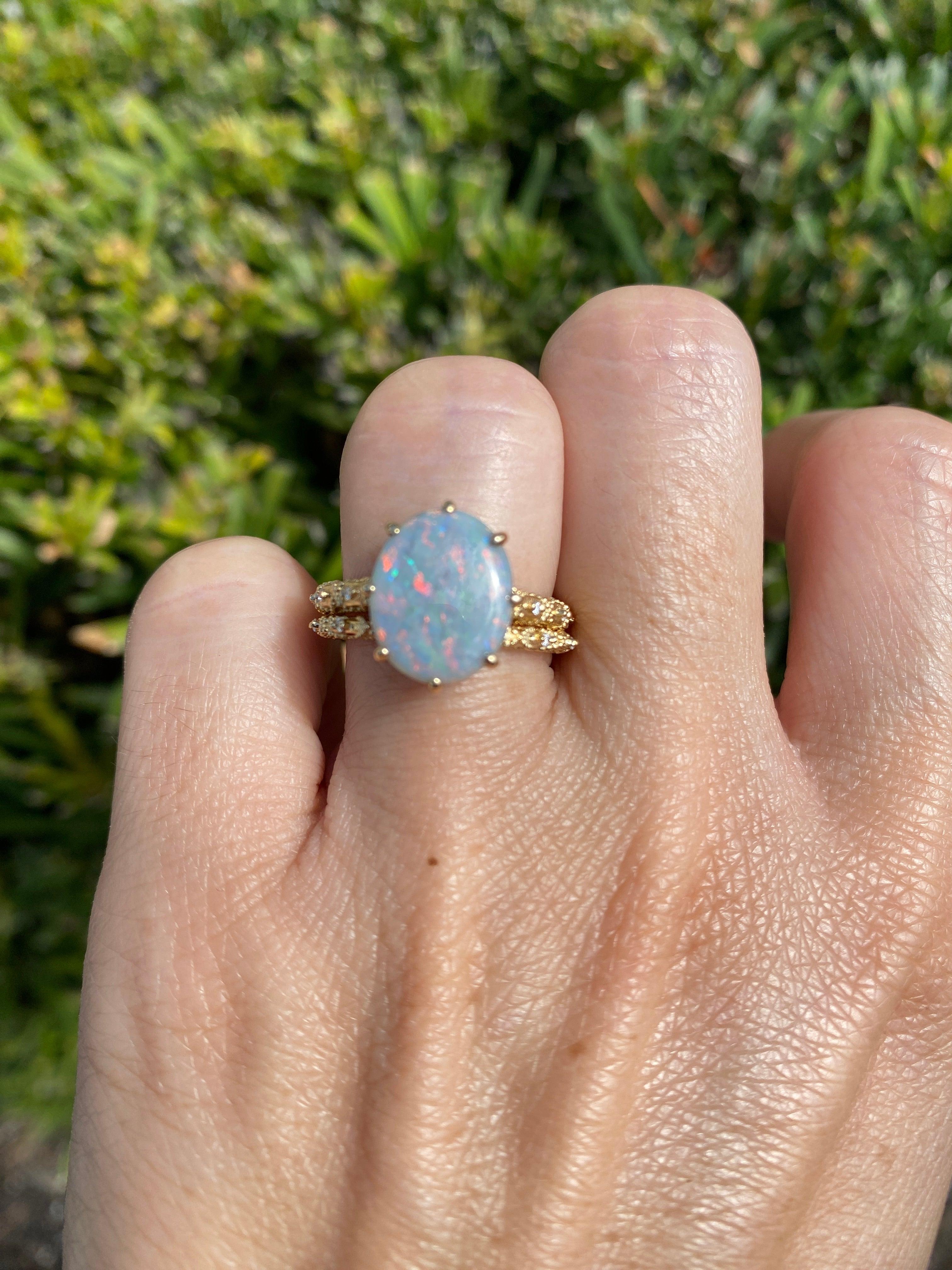 2.82ct Solid Australian Opal on Vintage Lace Band Bridal Ring Set 14k Gold R6495 For Sale 4
