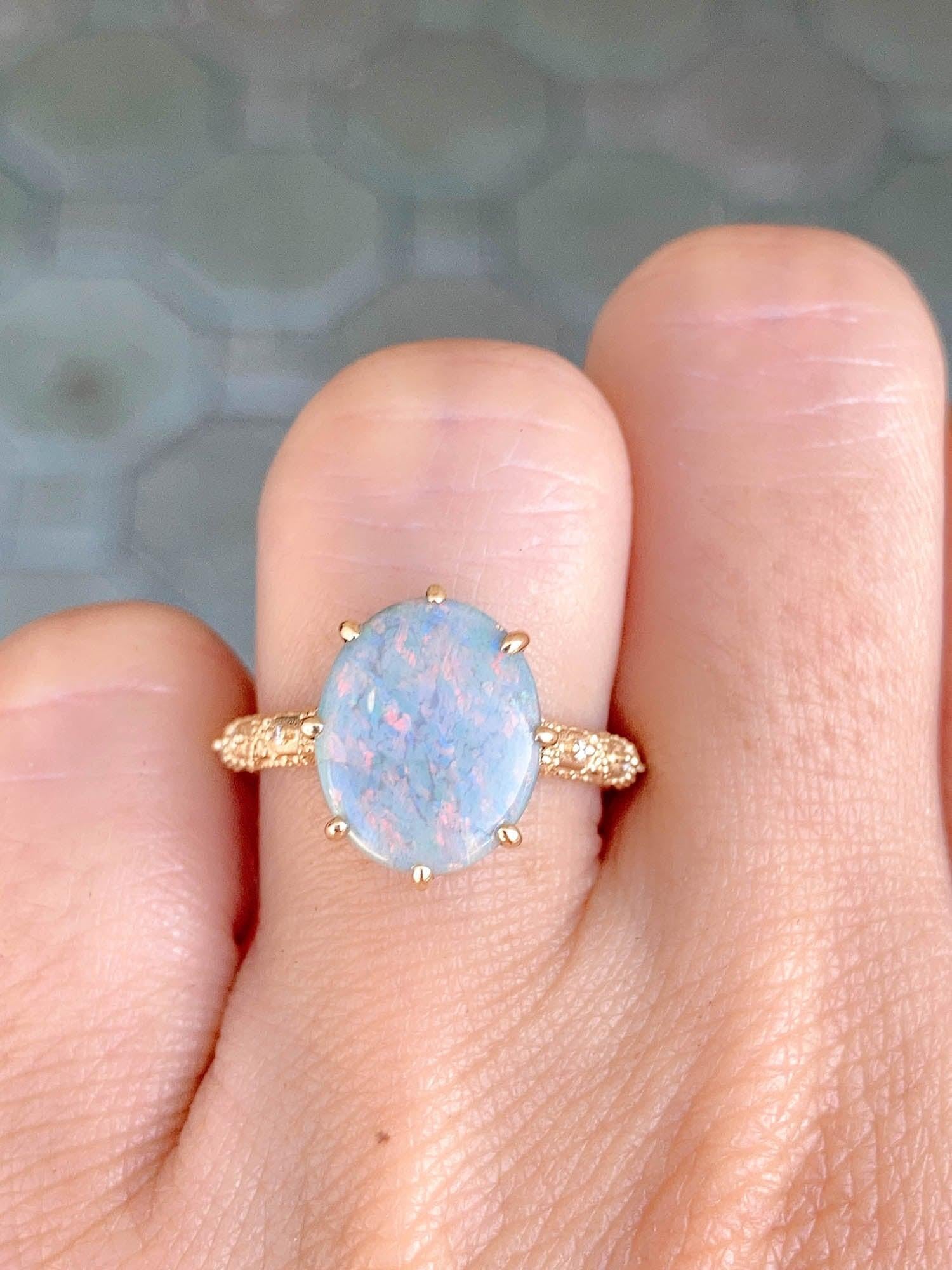2.82ct Solid Australian Opal on Vintage Lace Band Bridal Ring Set 14k Gold R6495 For Sale 1
