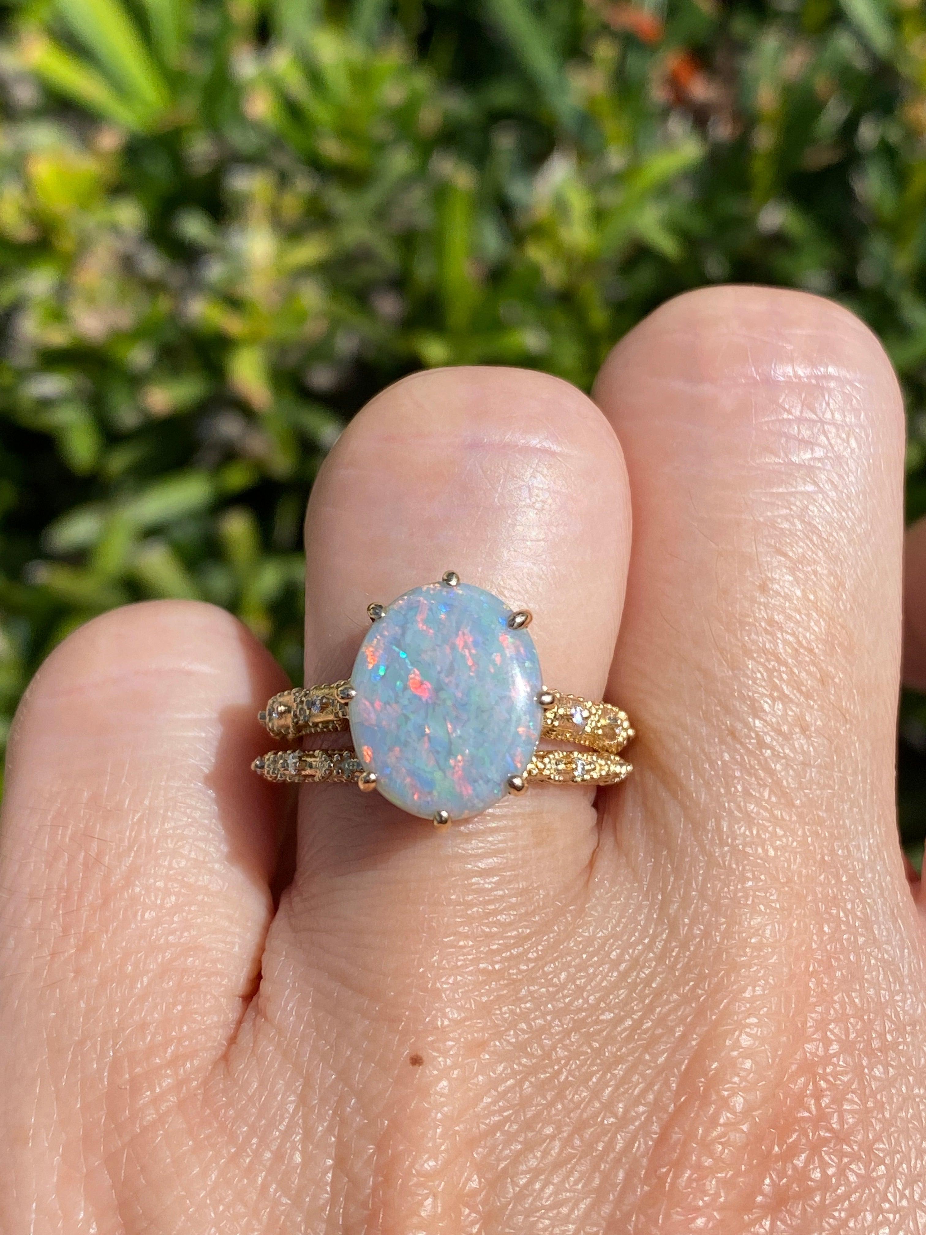 2.82ct Solid Australian Opal on Vintage Lace Band Bridal Ring Set 14k Gold R6495 For Sale 3