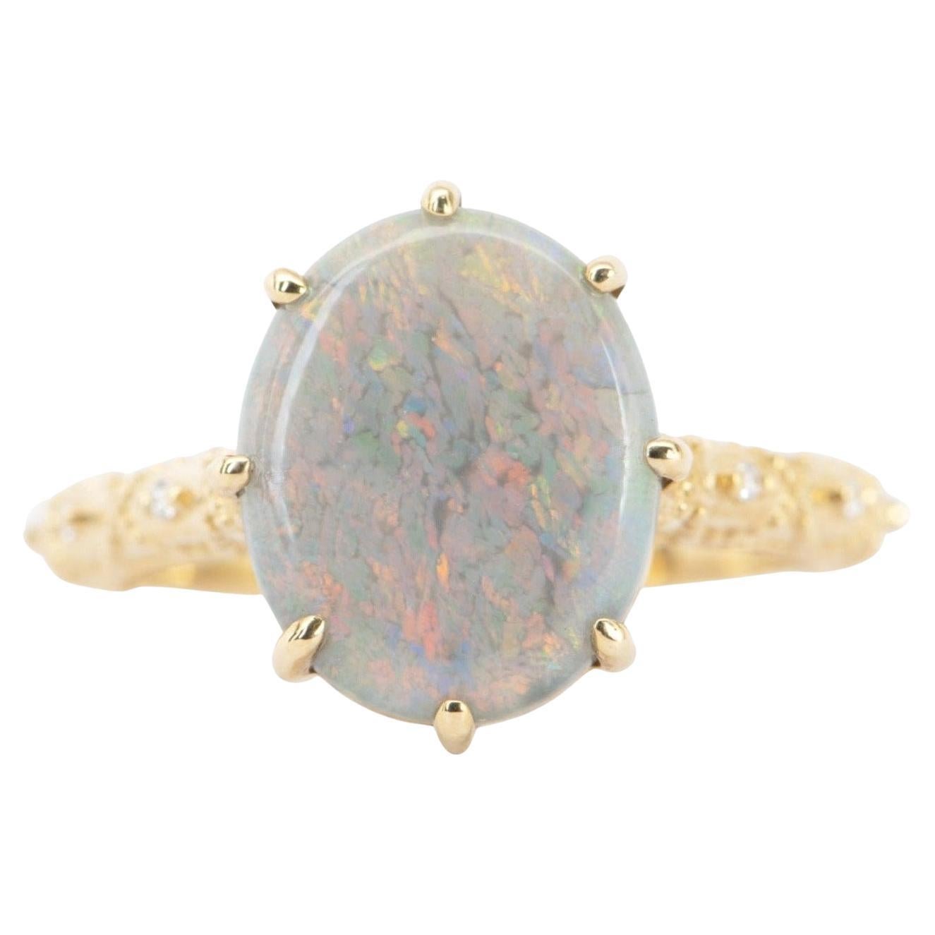 2.82ct Solid Australian Opal on Vintage Lace Band Bridal Ring Set 14k Gold R6495 For Sale