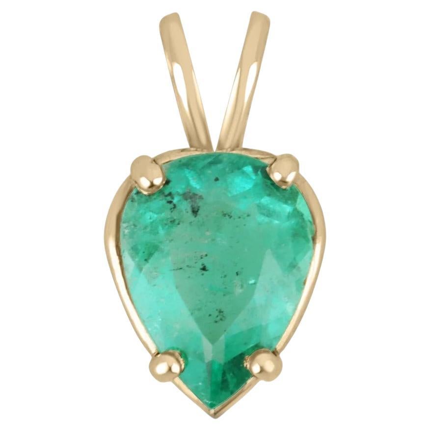 2.82cts 14K Colombian Emerald-Pear Cut Solitaire Gold Four Prong Gold Pendant For Sale