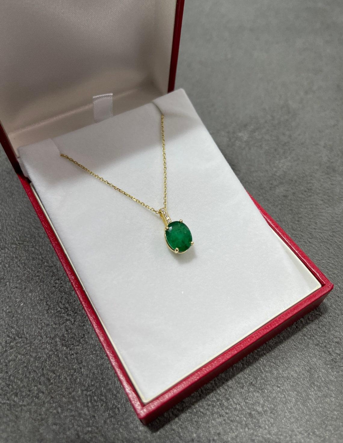 Modern 2.82tcw 18K Dark Rare Green Emerald-Oval Cut Emerald & Diamond Gold Pendant For Sale