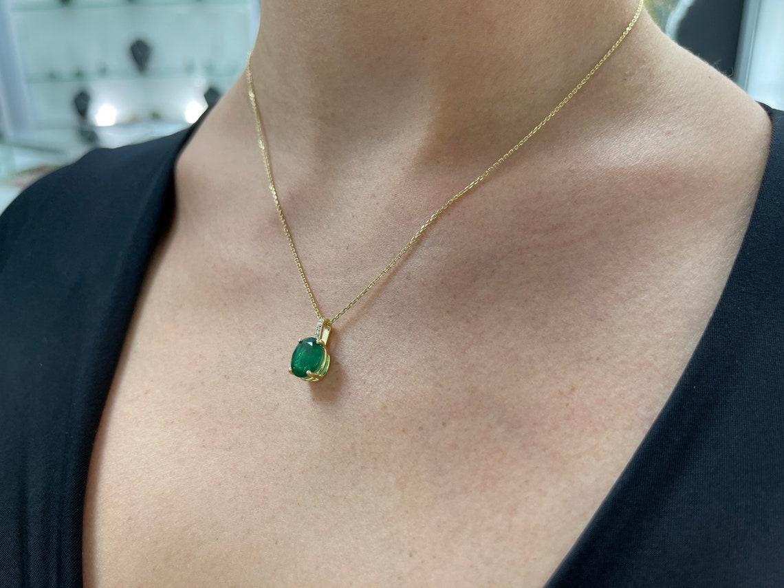 2.82tcw 18K Dark Rare Green Emerald-Oval Cut Emerald & Diamond Gold Pendant In New Condition For Sale In Jupiter, FL