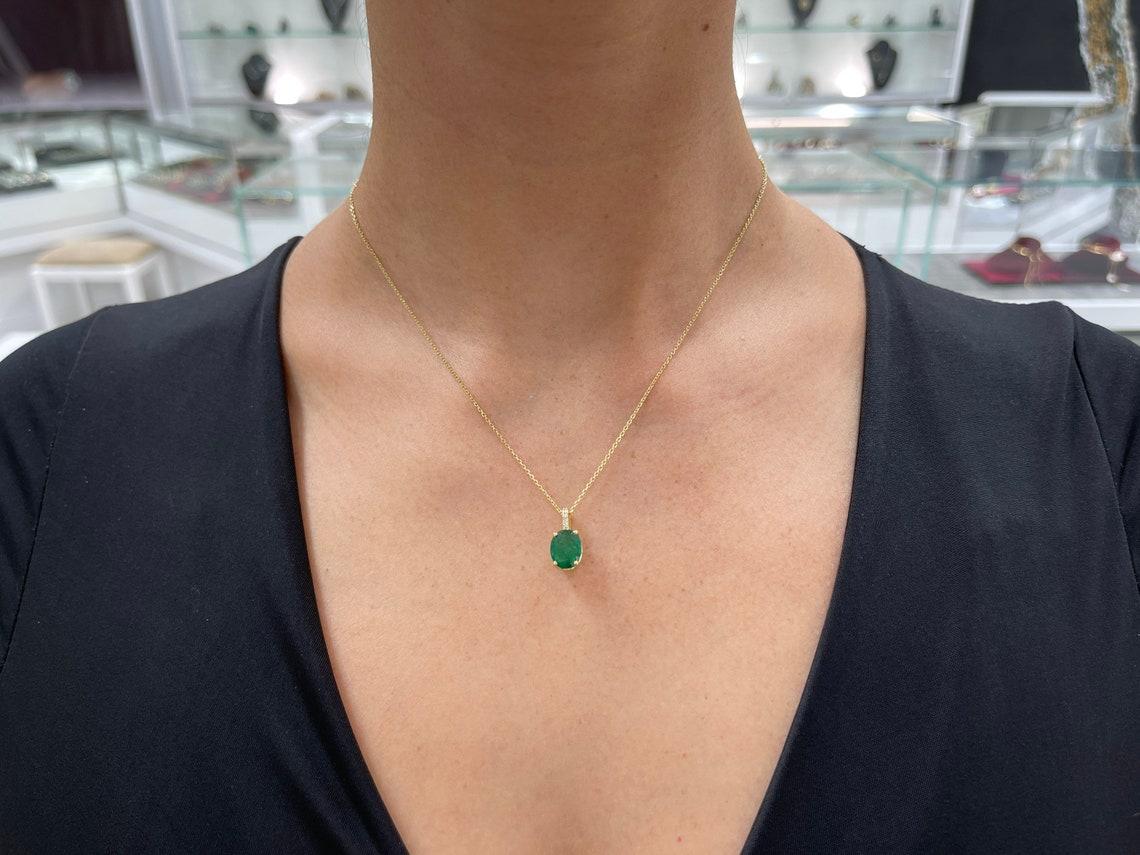Women's 2.82tcw 18K Dark Rare Green Emerald-Oval Cut Emerald & Diamond Gold Pendant For Sale