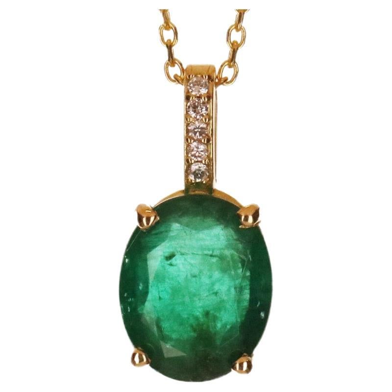 2.82tcw 18K Dark Rare Green Emerald-Oval Cut Emerald & Diamond Gold Pendant For Sale
