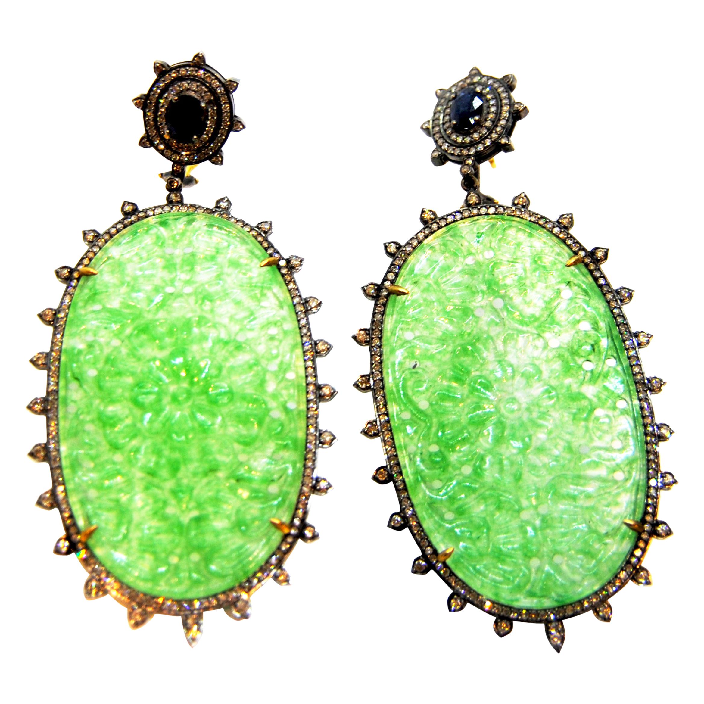 2.83 Carat Diamond and Jade Dangle Earrings in 18 Karat Gold and Silver For Sale