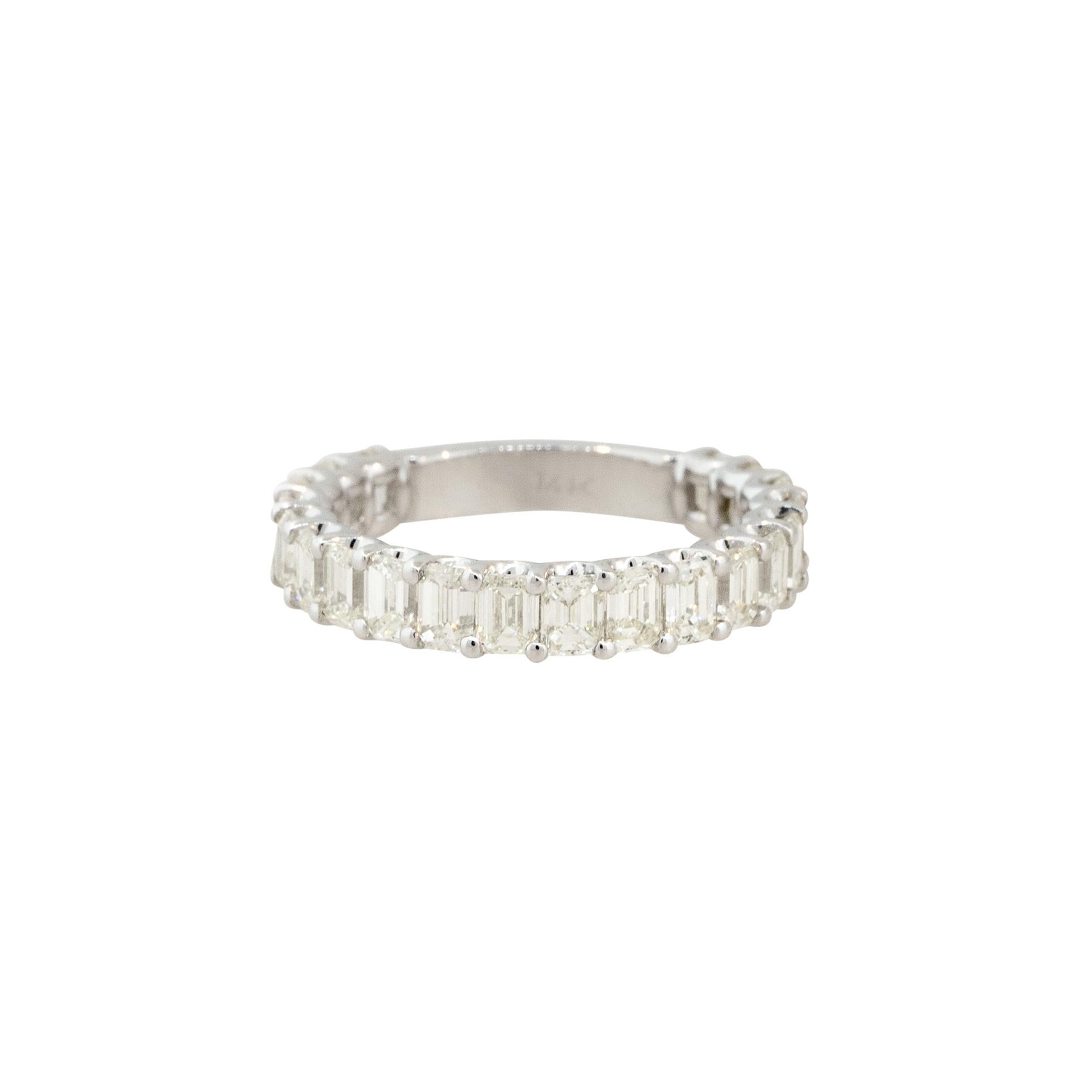 14k White Gold 2.83ctw Emerald Cut Diamond 3/4 Wedding Band

Style: Women's Emerald Diamond Band
Material: 14k White Gold
Diamond Details: Approximately 2.83ctw of Emerald Cut Diamonds. Diamonds are prong set and they do not go around the band