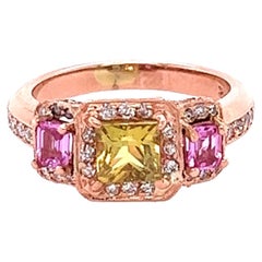 2.83 Carat GIA Yellow Pink Sapphire Diamond Three Stone 14 Karat Rose Gold Ring