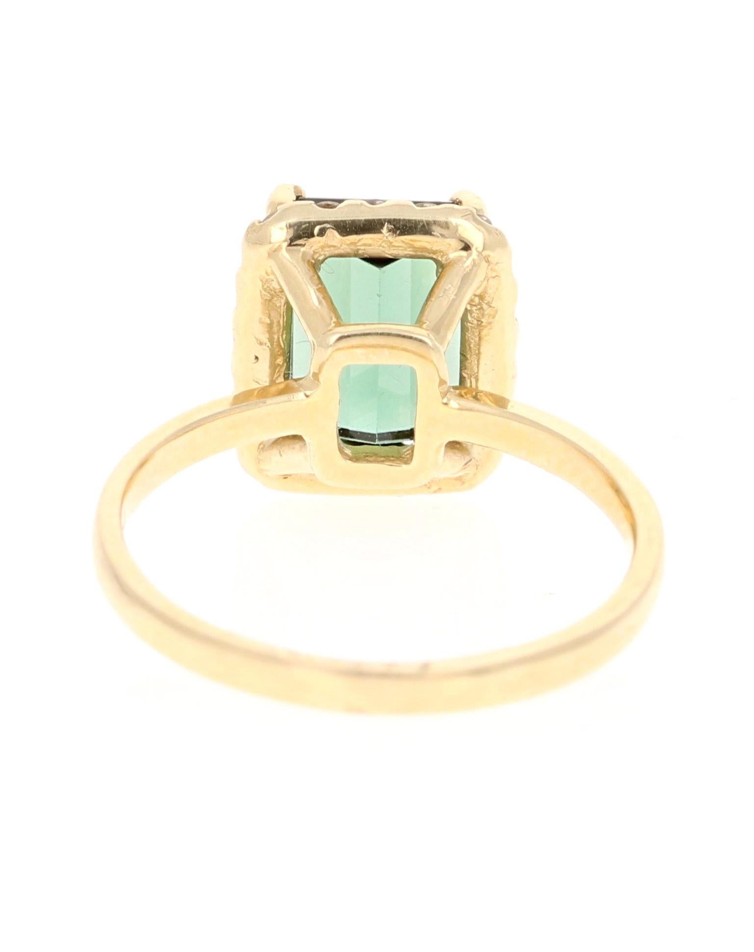 Contemporary 2.83 Carat Green Tourmaline Diamond 14 Karat Yellow Gold Engagement Ring For Sale