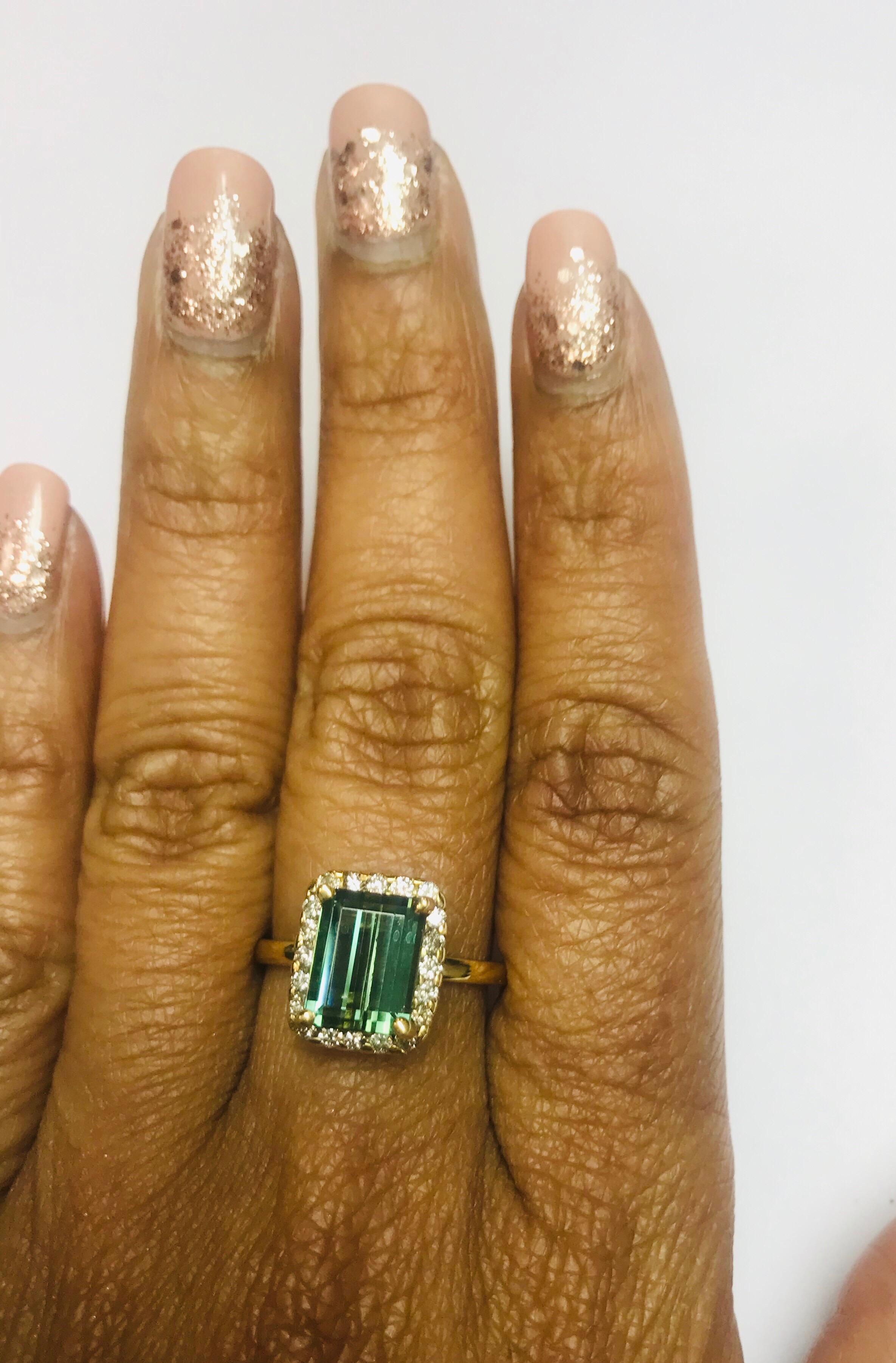 Emerald Cut 2.83 Carat Green Tourmaline Diamond 14 Karat Yellow Gold Engagement Ring For Sale