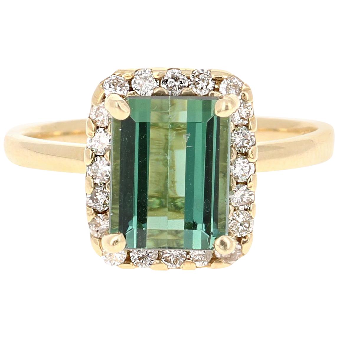 2.83 Carat Green Tourmaline Diamond 14 Karat Yellow Gold Engagement Ring For Sale