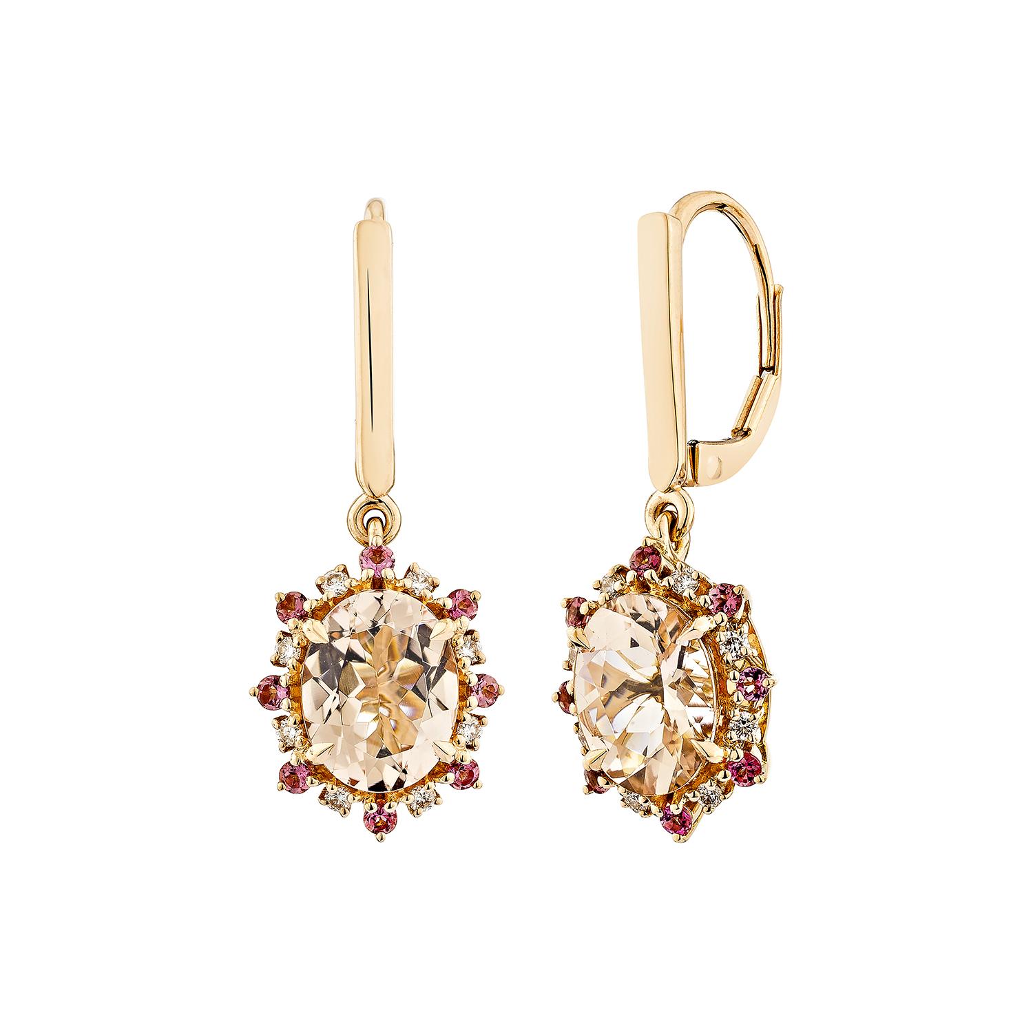 Oval Cut Sunita Nahata 2.83 Carat Morganite Earring in 18KRG with Tourmaline & Diamond. For Sale