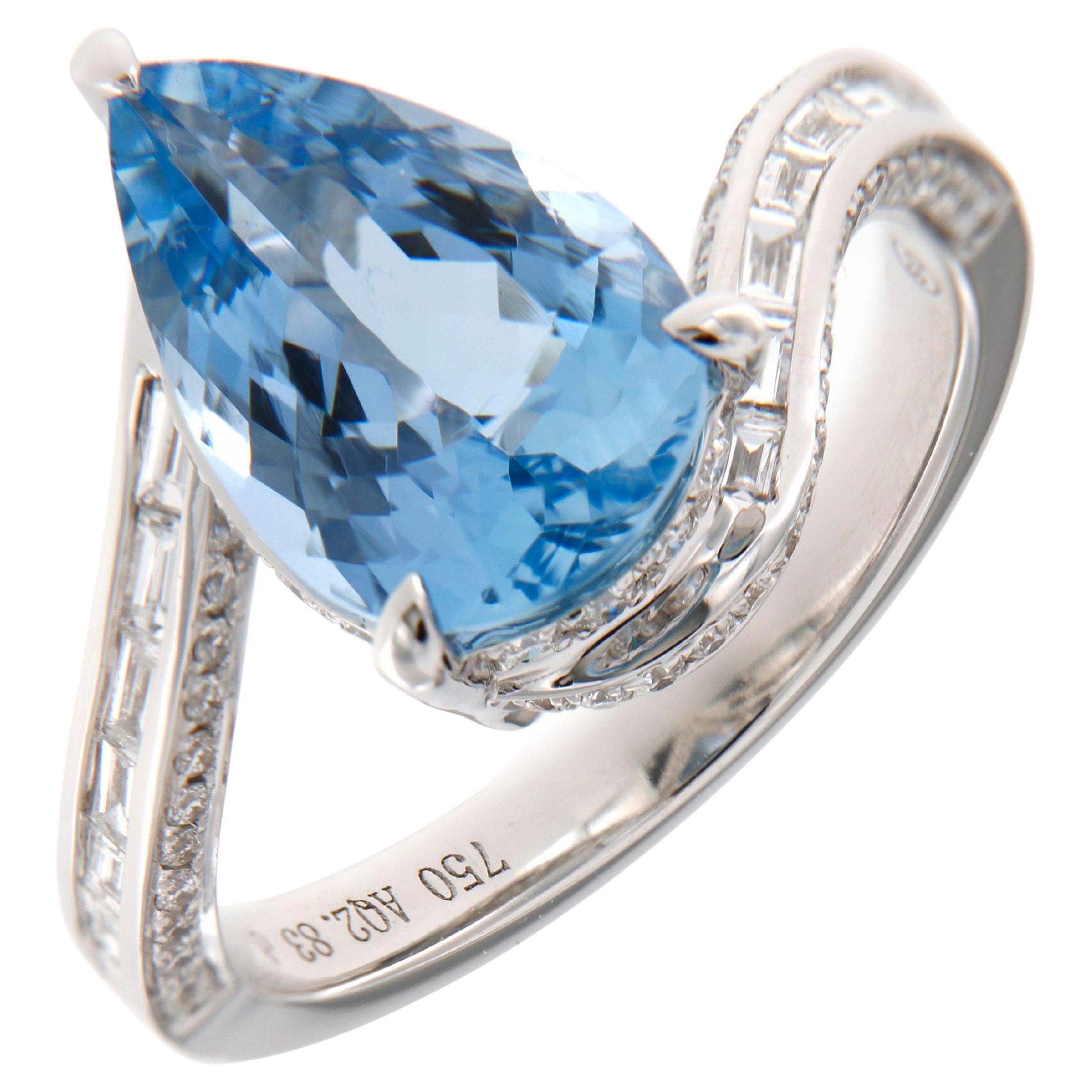 2.83-carat Pear Shaped Aquamarine Baguette and Round Diamond Dress Ring For Sale